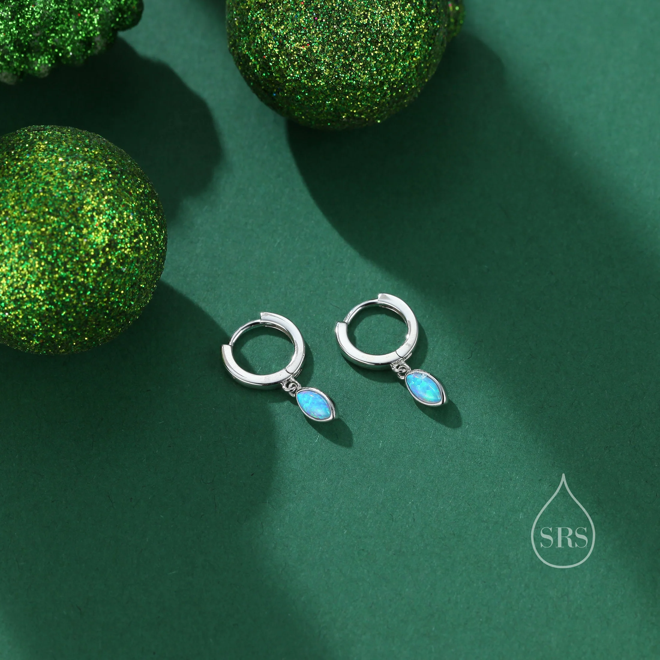 Marquise Opal Huggie Hoops in Sterling Silver, 8mm Opal Hoops, Blue Opal or White Opal, Silver or Gold, Fire Opal Earring - Image 5