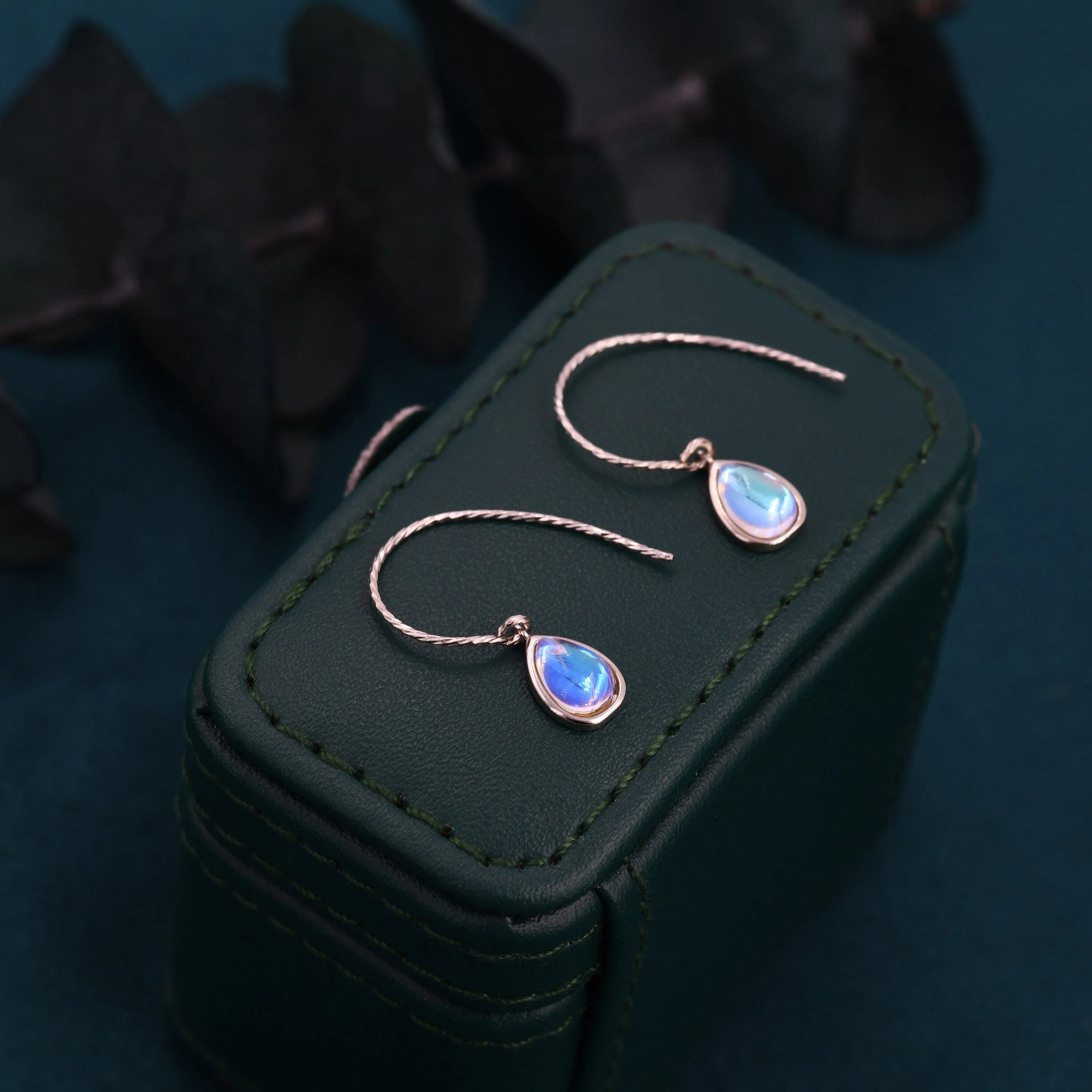 Mermaid Crystal Drop Hook Earrings in Sterling Silver, Droplet Pear Cut Aurora Glass Crystal, Blue Flash Simulated Moonstone - Image 3