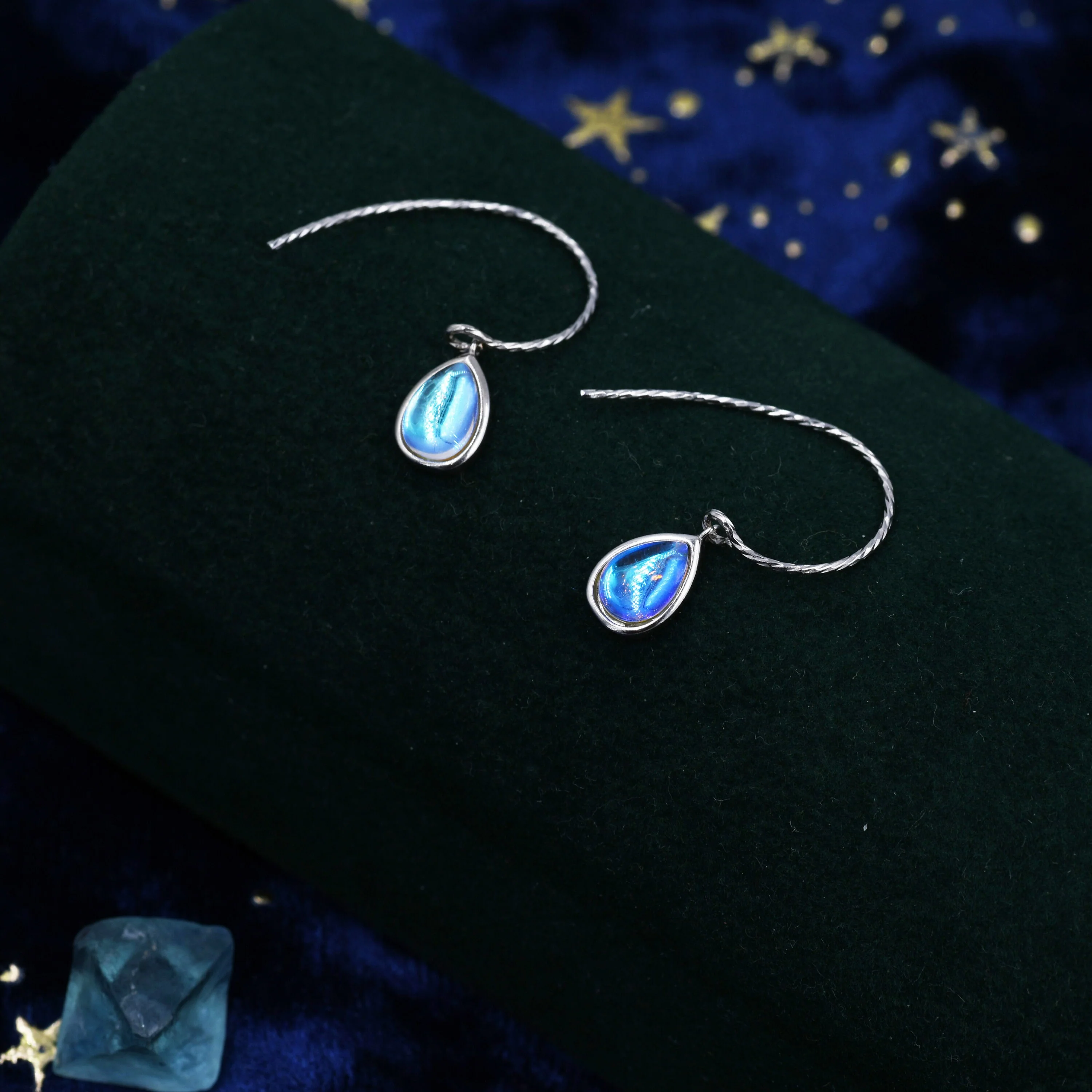 Mermaid Crystal Drop Hook Earrings in Sterling Silver, Droplet Pear Cut Aurora Glass Crystal, Blue Flash Simulated Moonstone - Image 4