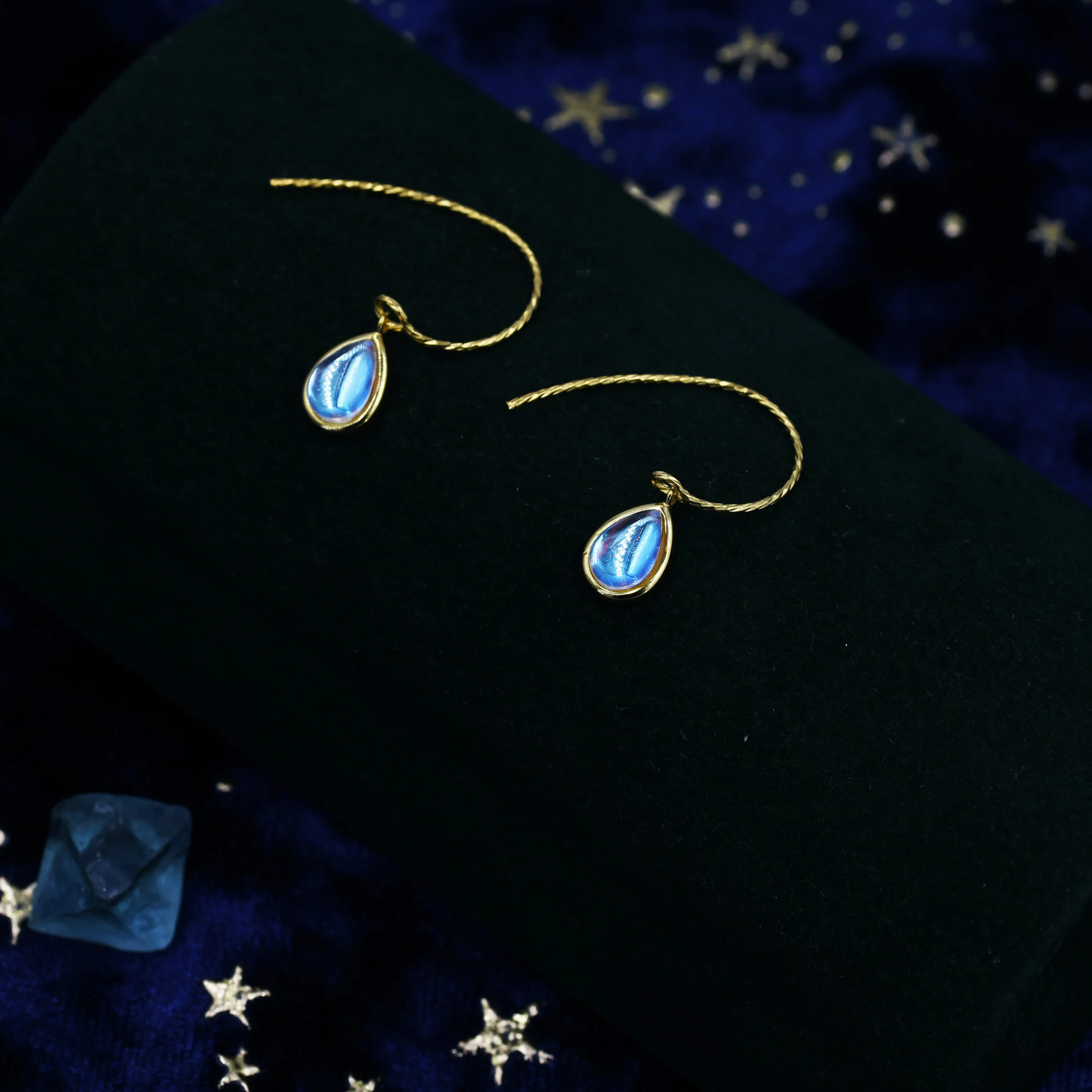 Mermaid Crystal Drop Hook Earrings in Sterling Silver, Droplet Pear Cut Aurora Glass Crystal, Blue Flash Simulated Moonstone - Image 5