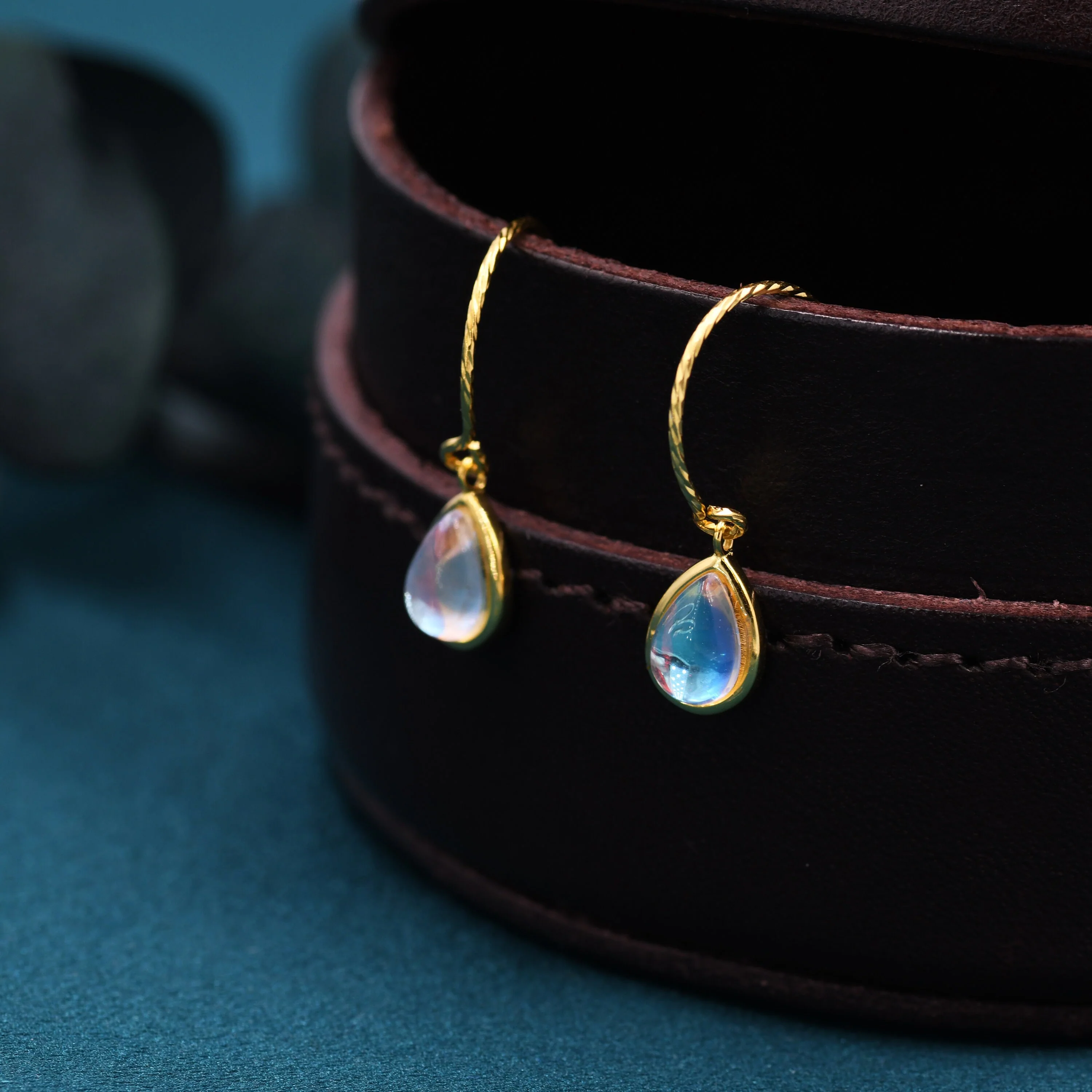 Mermaid Crystal Drop Hook Earrings in Sterling Silver, Droplet Pear Cut Aurora Glass Crystal, Blue Flash Simulated Moonstone - Image 6