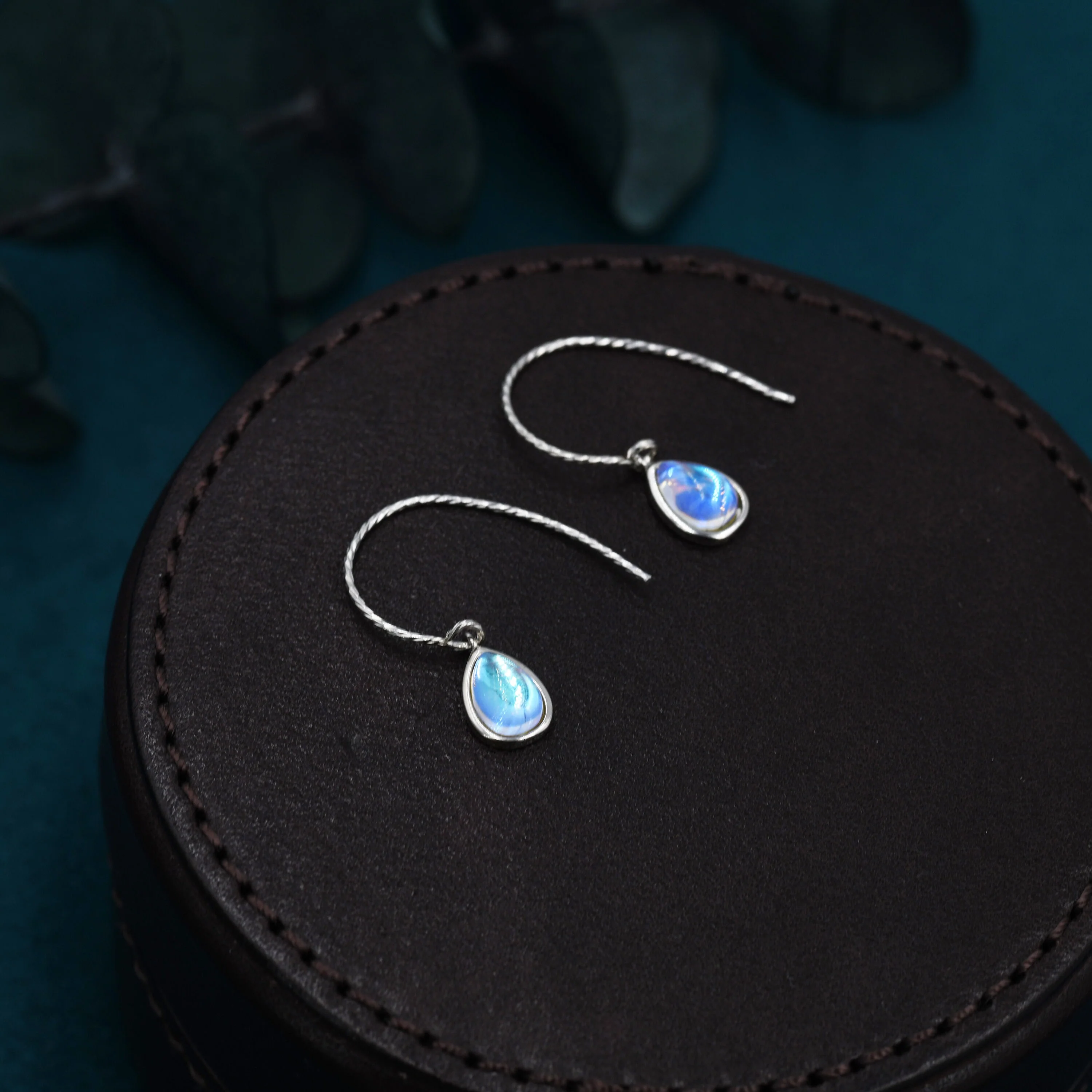 Mermaid Crystal Drop Hook Earrings in Sterling Silver, Droplet Pear Cut Aurora Glass Crystal, Blue Flash Simulated Moonstone - Image 7