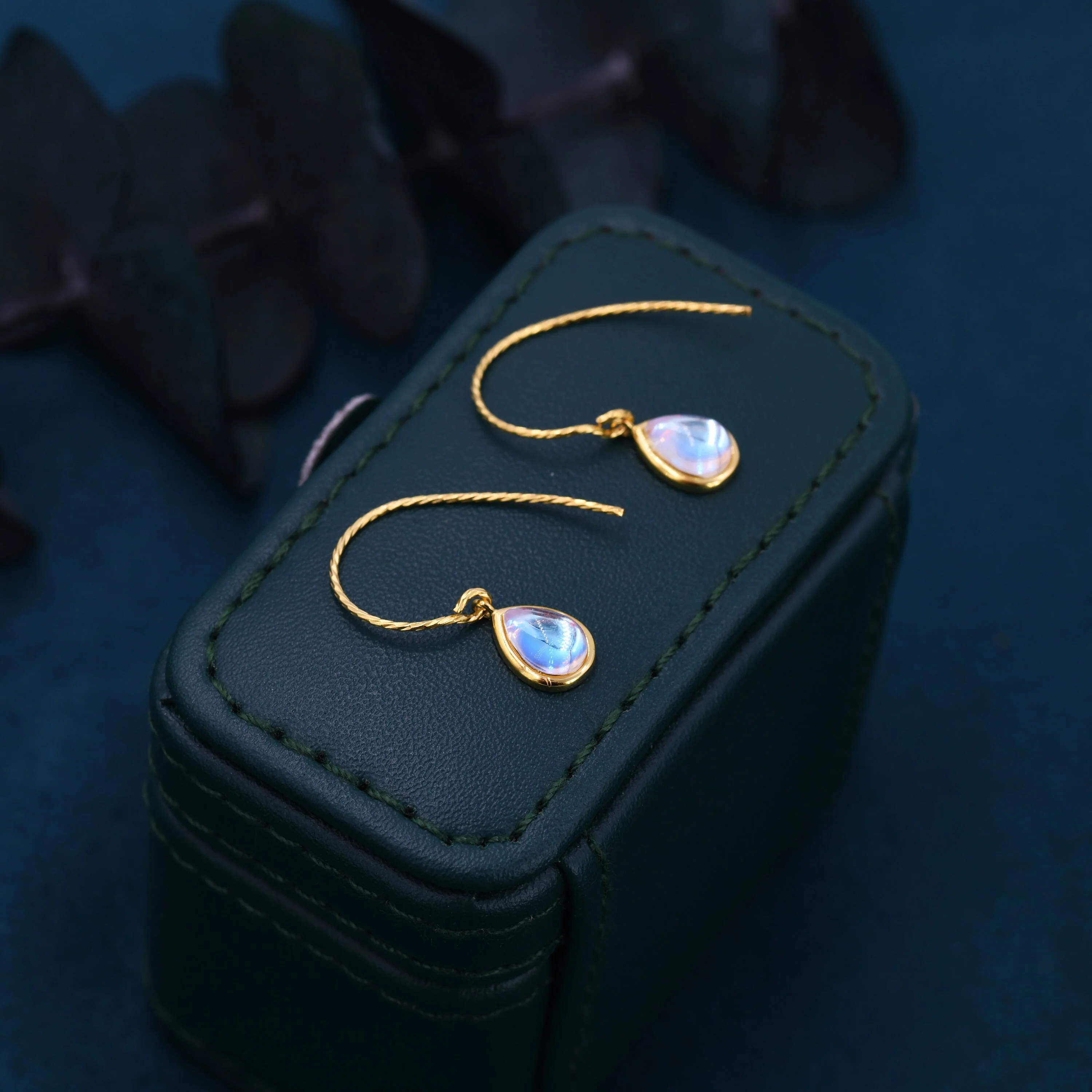 Mermaid Crystal Drop Hook Earrings in Sterling Silver, Droplet Pear Cut Aurora Glass Crystal, Blue Flash Simulated Moonstone - Image 8