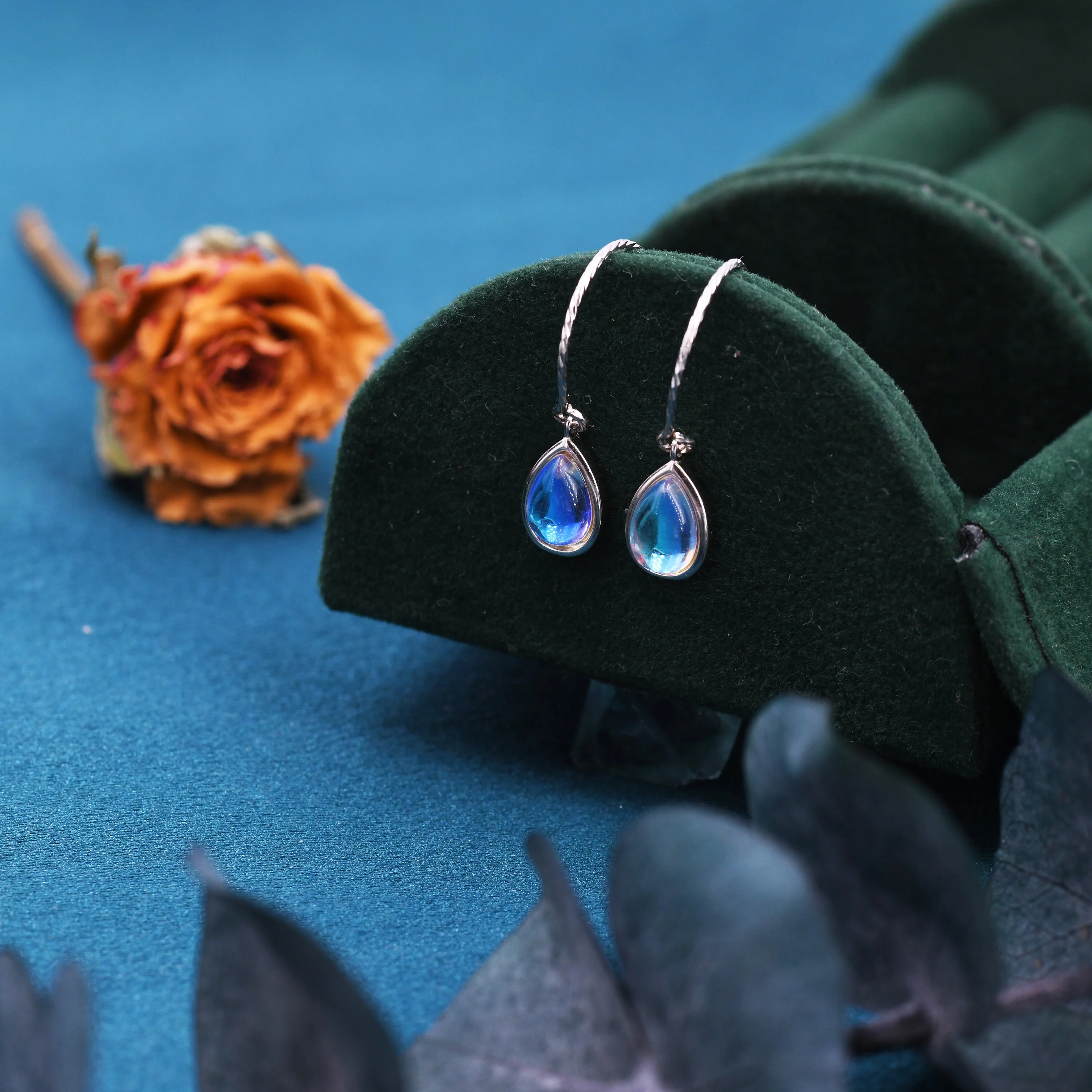 Mermaid Crystal Drop Hook Earrings in Sterling Silver, Droplet Pear Cut Aurora Glass Crystal, Blue Flash Simulated Moonstone - Image 9
