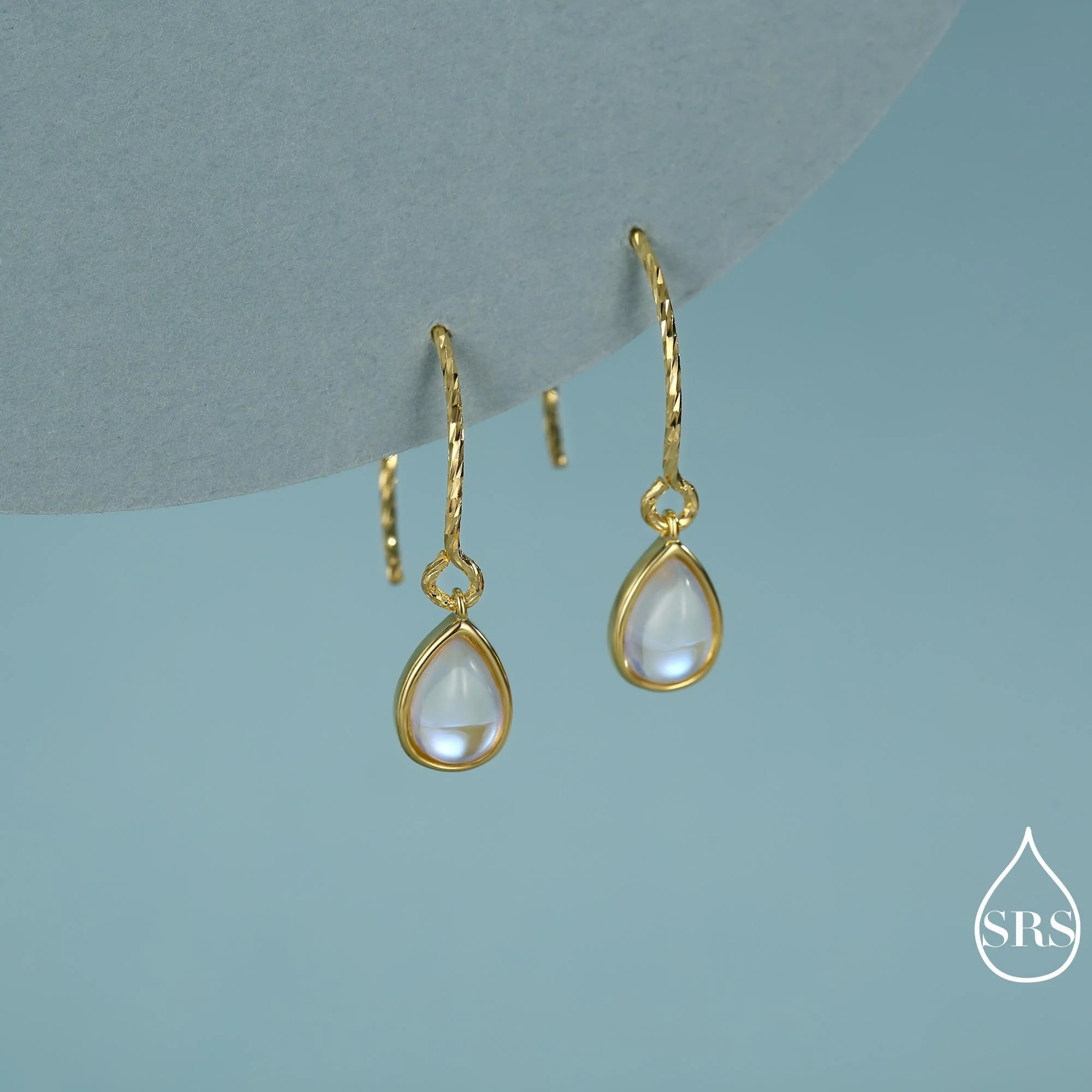 Mermaid Crystal Drop Hook Earrings in Sterling Silver, Droplet Pear Cut Aurora Glass Crystal, Simulated Moonstone Dangle Earrings - Image 3