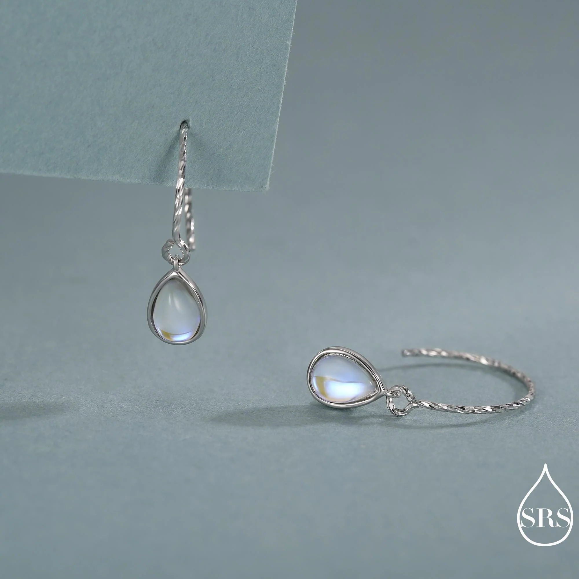 Mermaid Crystal Drop Hook Earrings in Sterling Silver, Droplet Pear Cut Aurora Glass Crystal, Simulated Moonstone Dangle Earrings - Image 4
