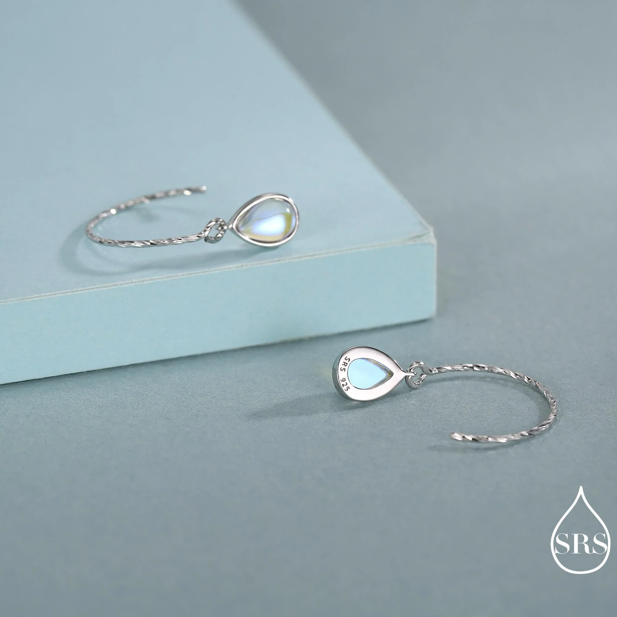 Mermaid Crystal Drop Hook Earrings in Sterling Silver, Droplet Pear Cut Aurora Glass Crystal, Simulated Moonstone Dangle Earrings - Image 5