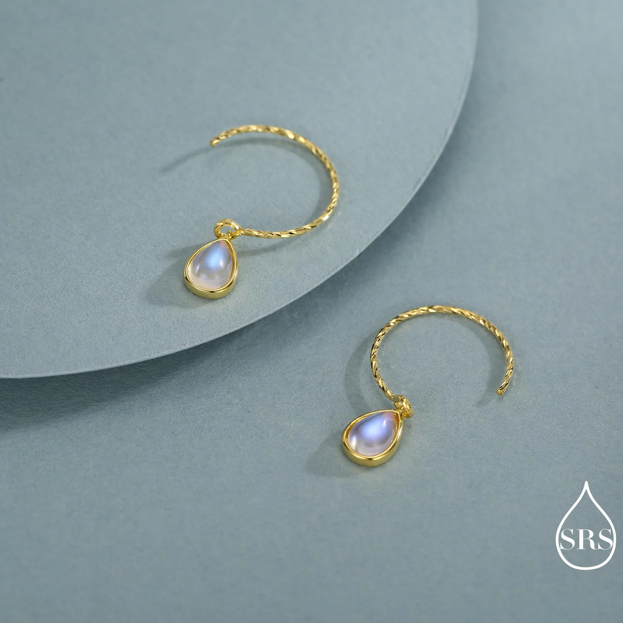 Mermaid Crystal Drop Hook Earrings in Sterling Silver, Droplet Pear Cut Aurora Glass Crystal, Simulated Moonstone Dangle Earrings - Image 6