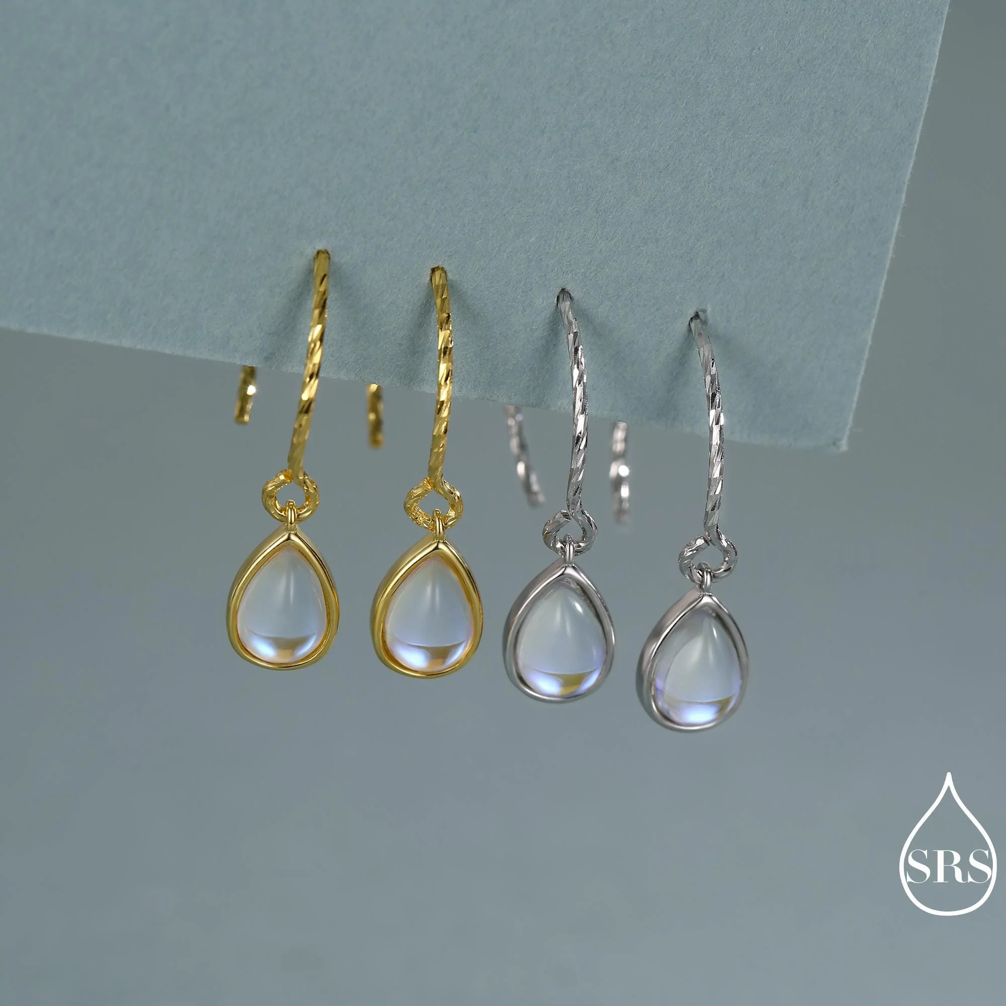 Mermaid Crystal Drop Hook Earrings in Sterling Silver, Droplet Pear Cut Aurora Glass Crystal, Simulated Moonstone Dangle Earrings - Image 7