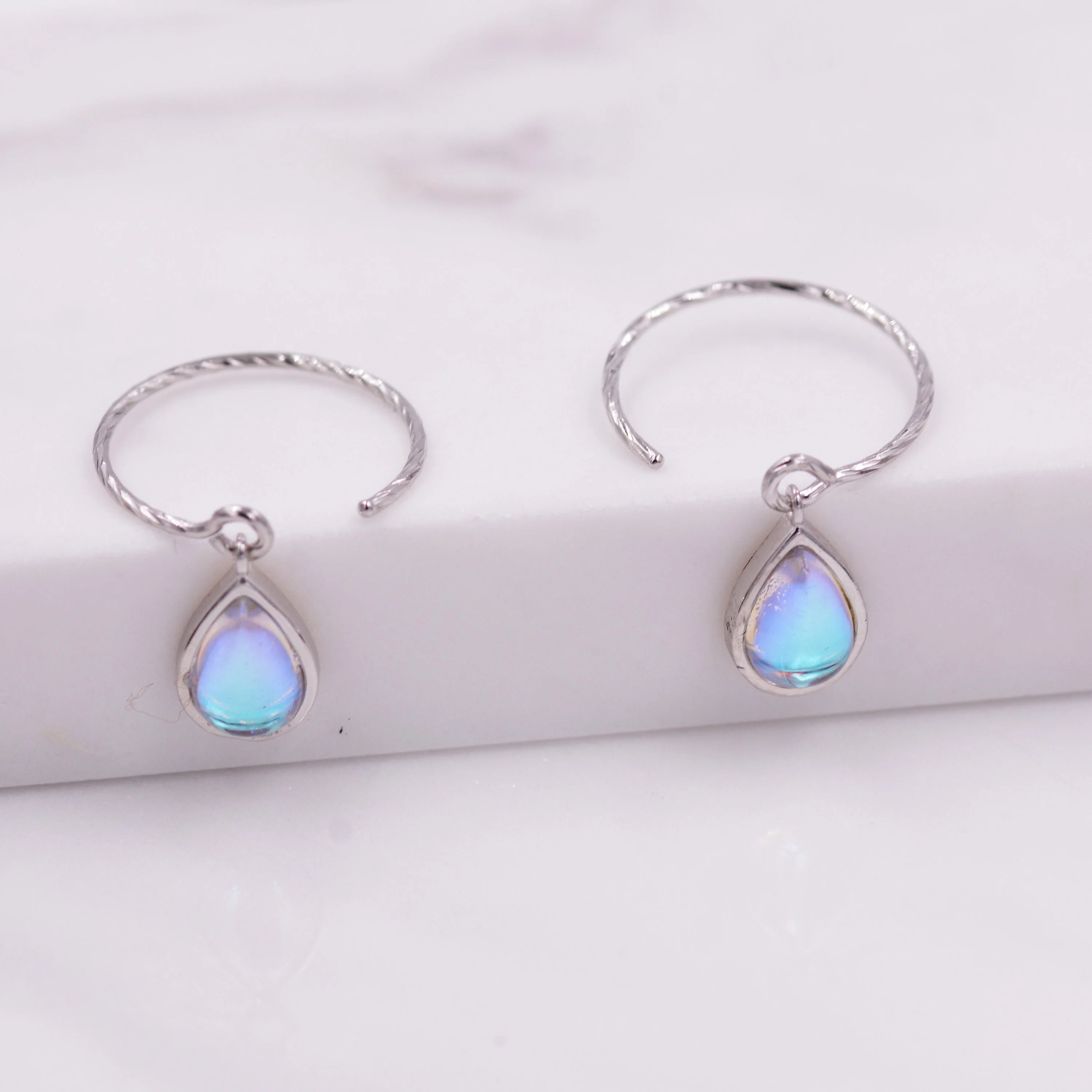 Mermaid Crystal Drop Hook Earrings in Sterling Silver, Droplet Pear Cut Aurora Glass Crystal, Simulated Moonstone Dangle Earrings - Image 8