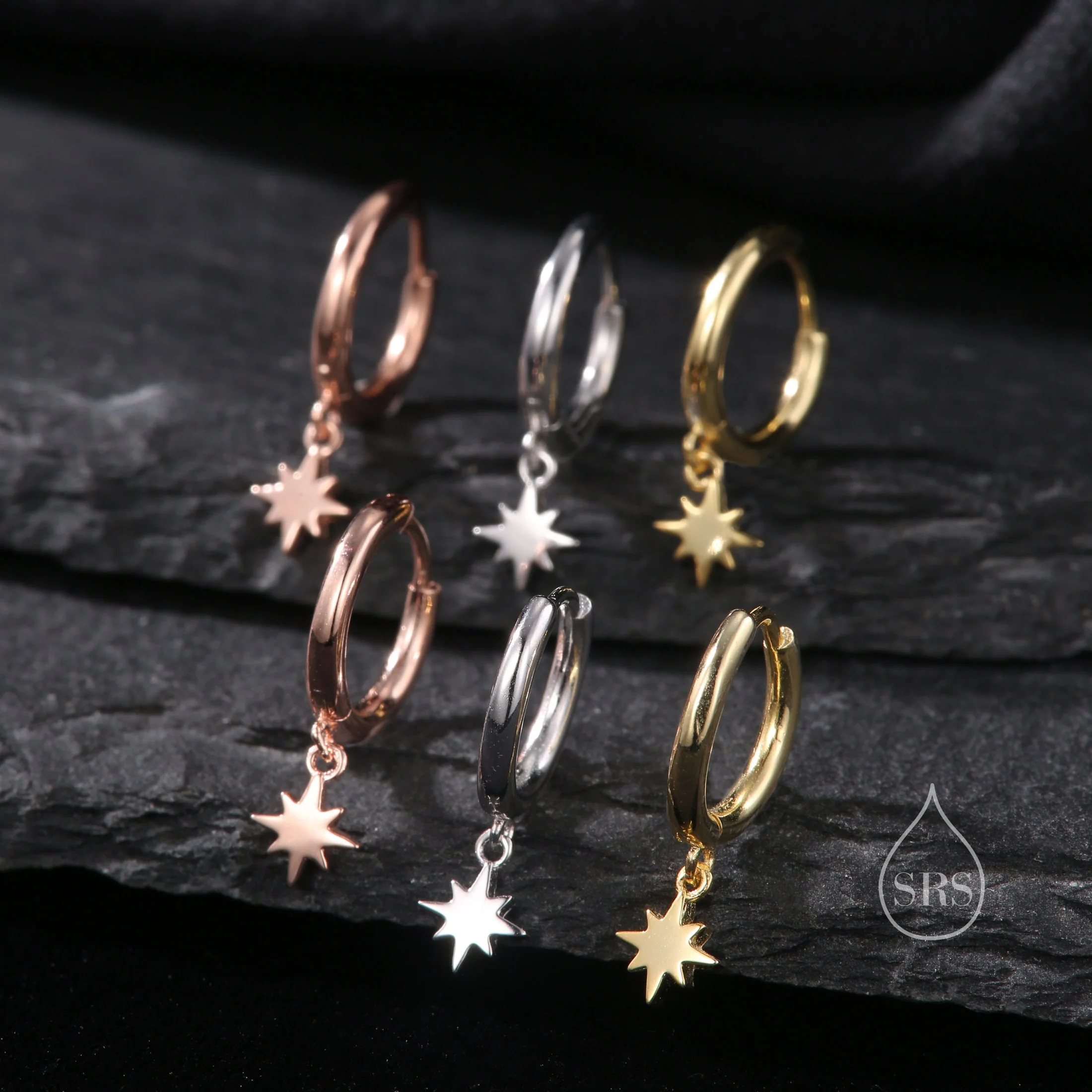 Minimal and Tiny Starburst Huggie Hoop Earrings in Sterling Silver, Silver, Gold or Rose Gold, North Star Earrings, Sunburst Earrings - Image 3