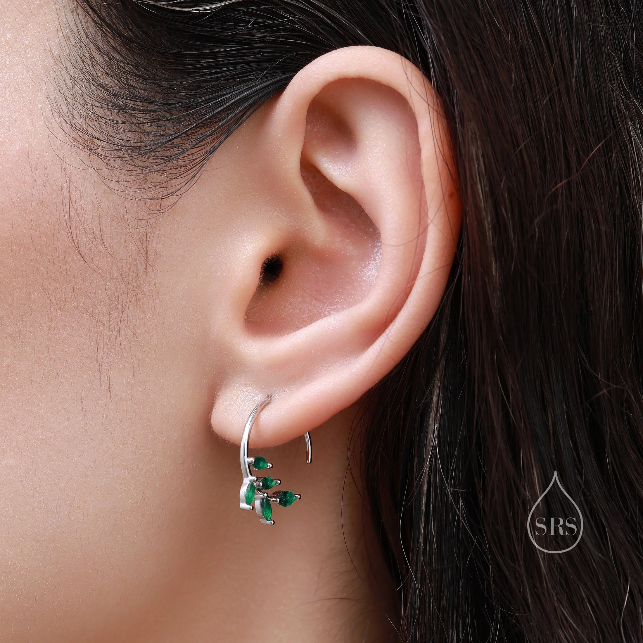 Minimal CZ Leaf Open Hoop Earrings in Sterling Silver, Olive Branch Threader Hoop Earrings, Silver or Gold, Clear CZ or Emerald Green - Image 3