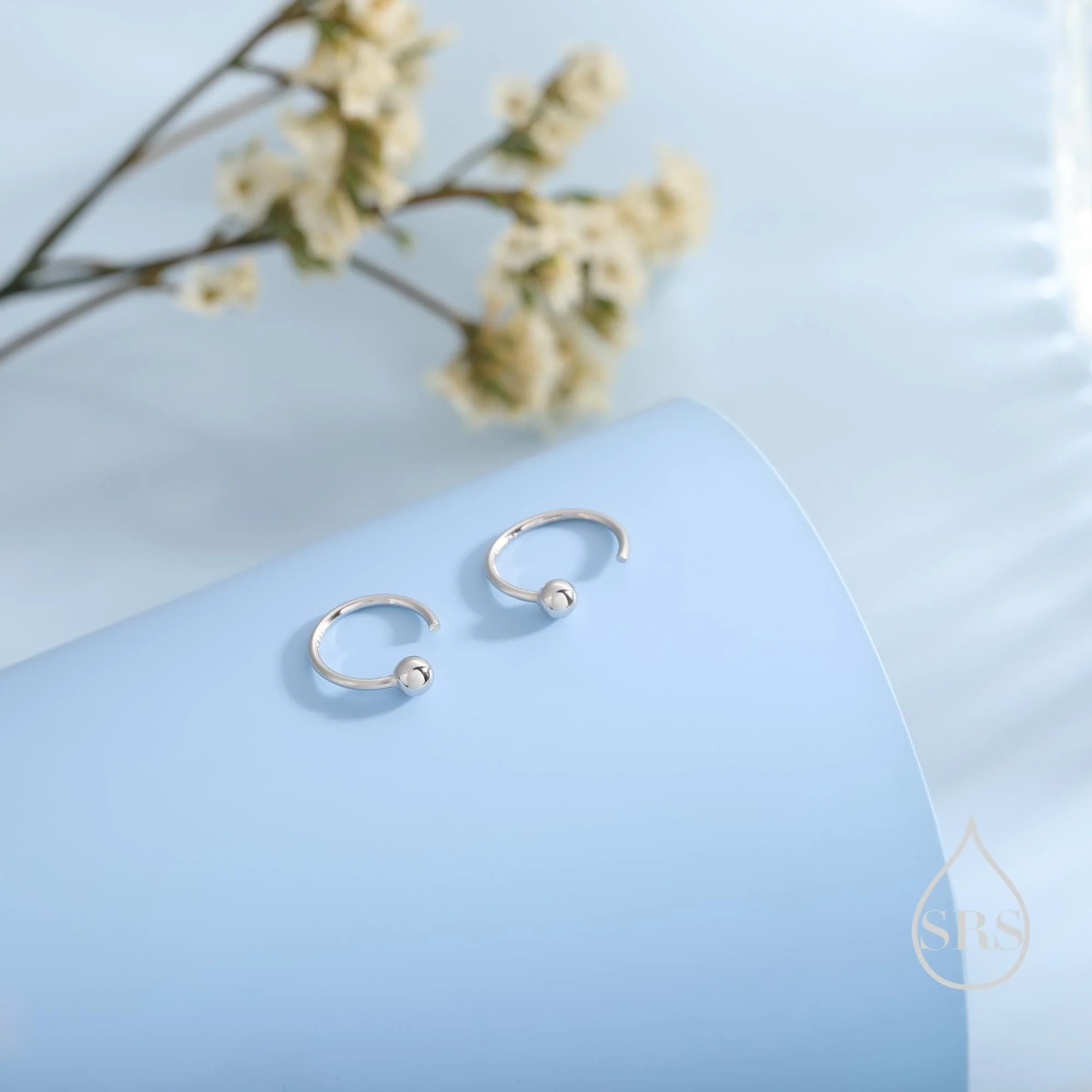 Minimalist Ball Huggie Hoop Threader Earrings in Sterling Silver, 6mm and 8mm, Silver, Gold or Rose Gold Finish, Pull Through Open Hoops - Image 4