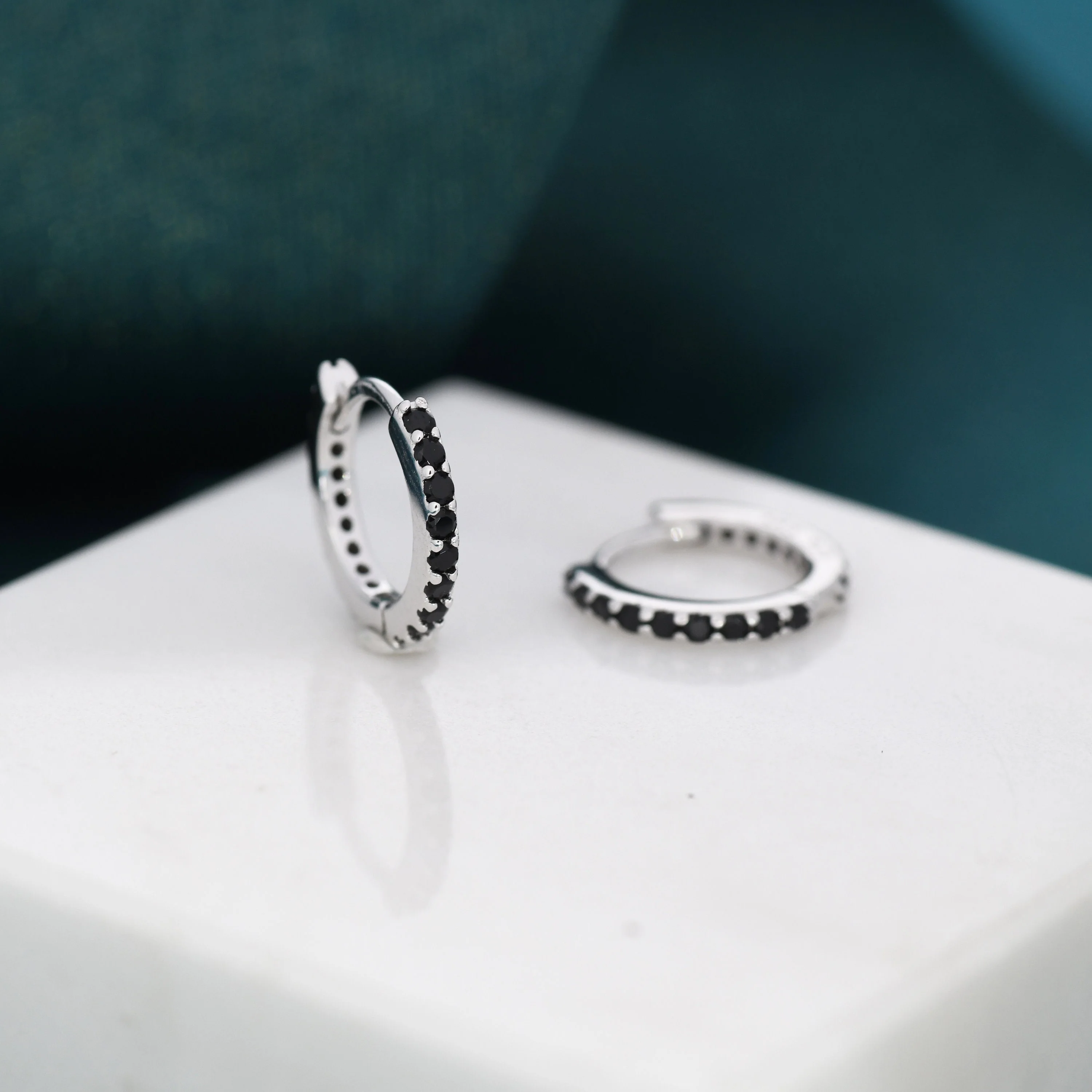 Minimalist Huggie Hoop Earrings in Sterling Silver with Black CZ Crystals, Tiny Snug Hoop Earrings, Black Diamond, Simple Hoop Earrings - Image 2