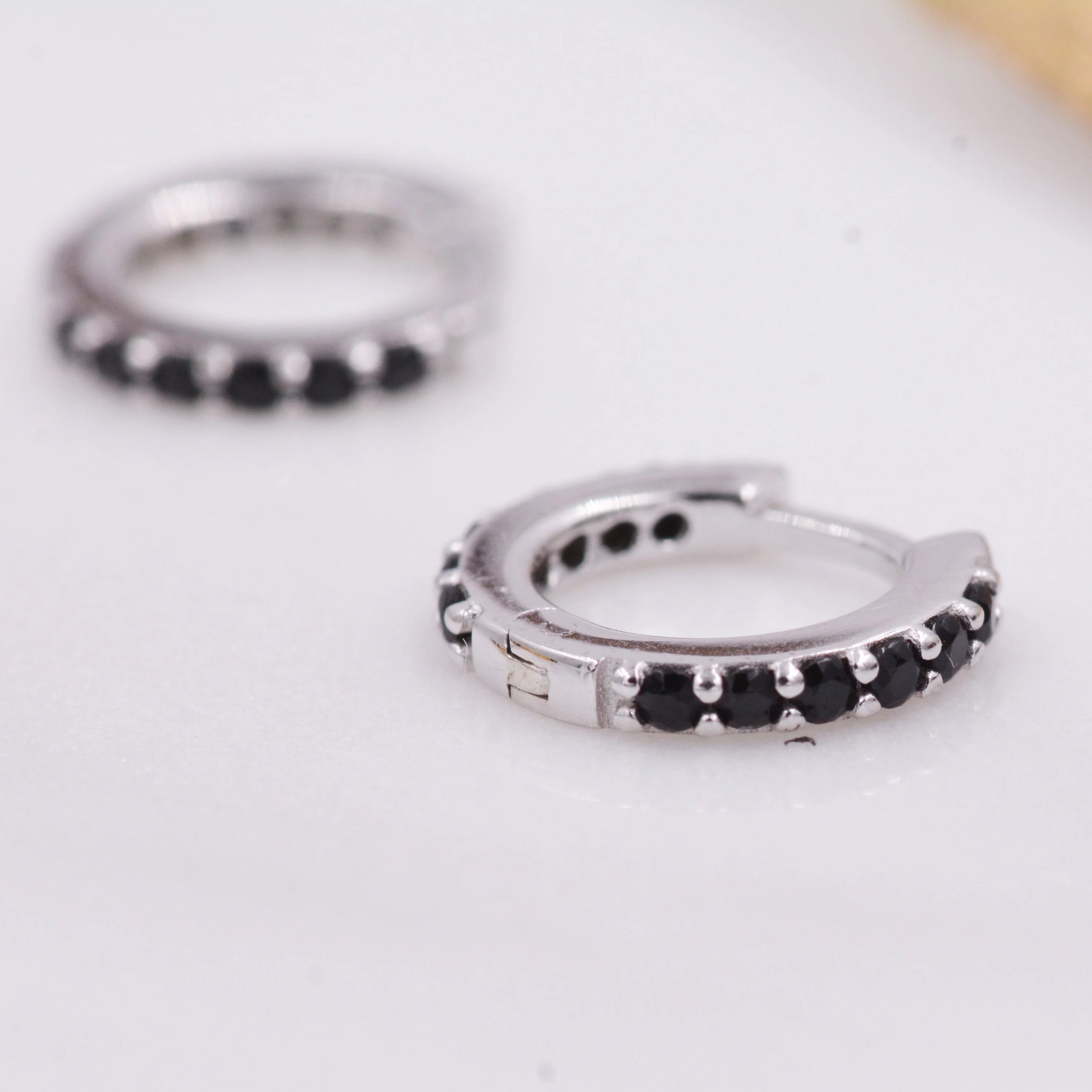 Minimalist Huggie Hoop Earrings in Sterling Silver with Black CZ Crystals, Tiny Snug Hoop Earrings, Black Diamond, Simple Hoop Earrings - Image 2