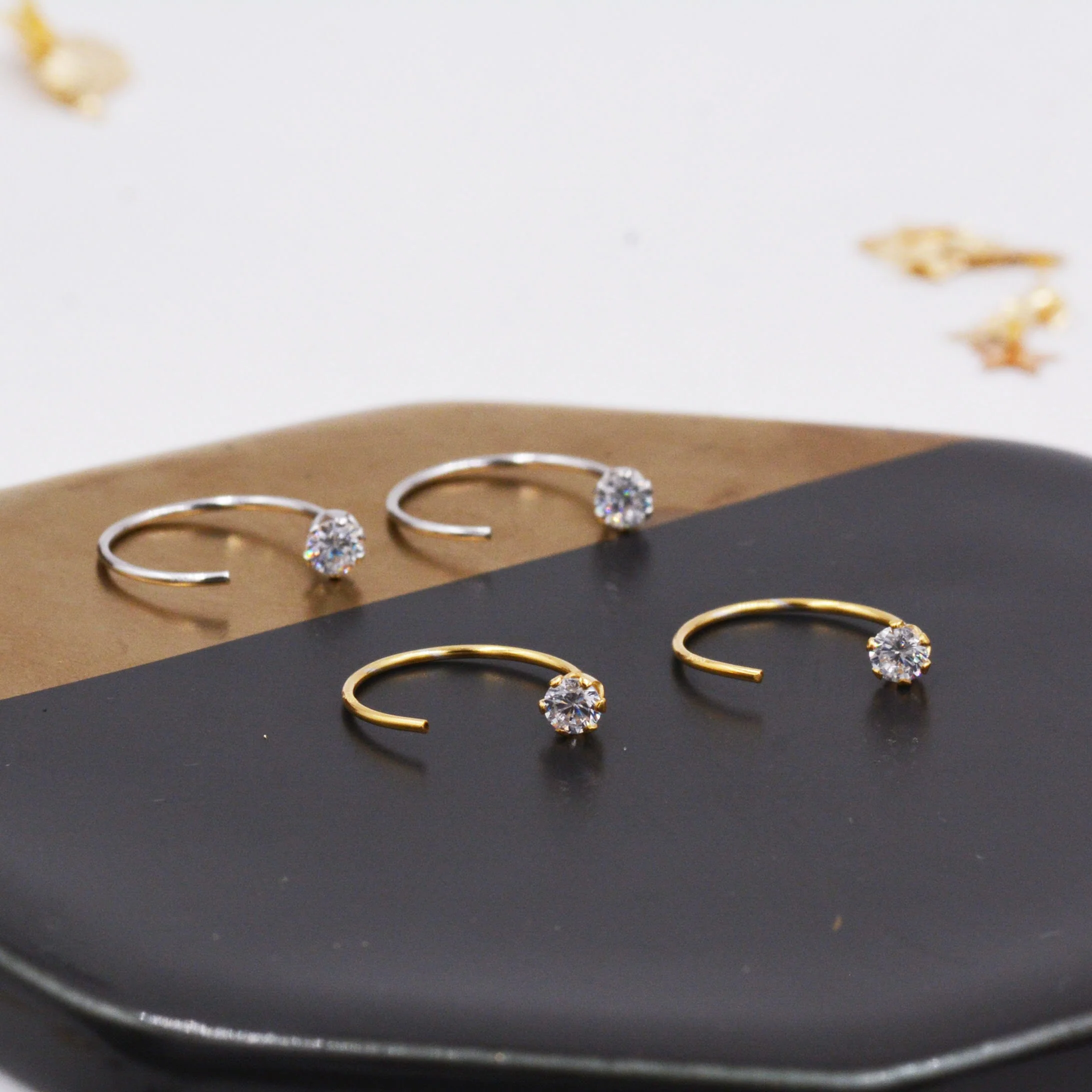 Minimalist Huggie Hoops in Sterling Silver with Sparkly CZ crystals, Geometric Circle Earrings - Image 3