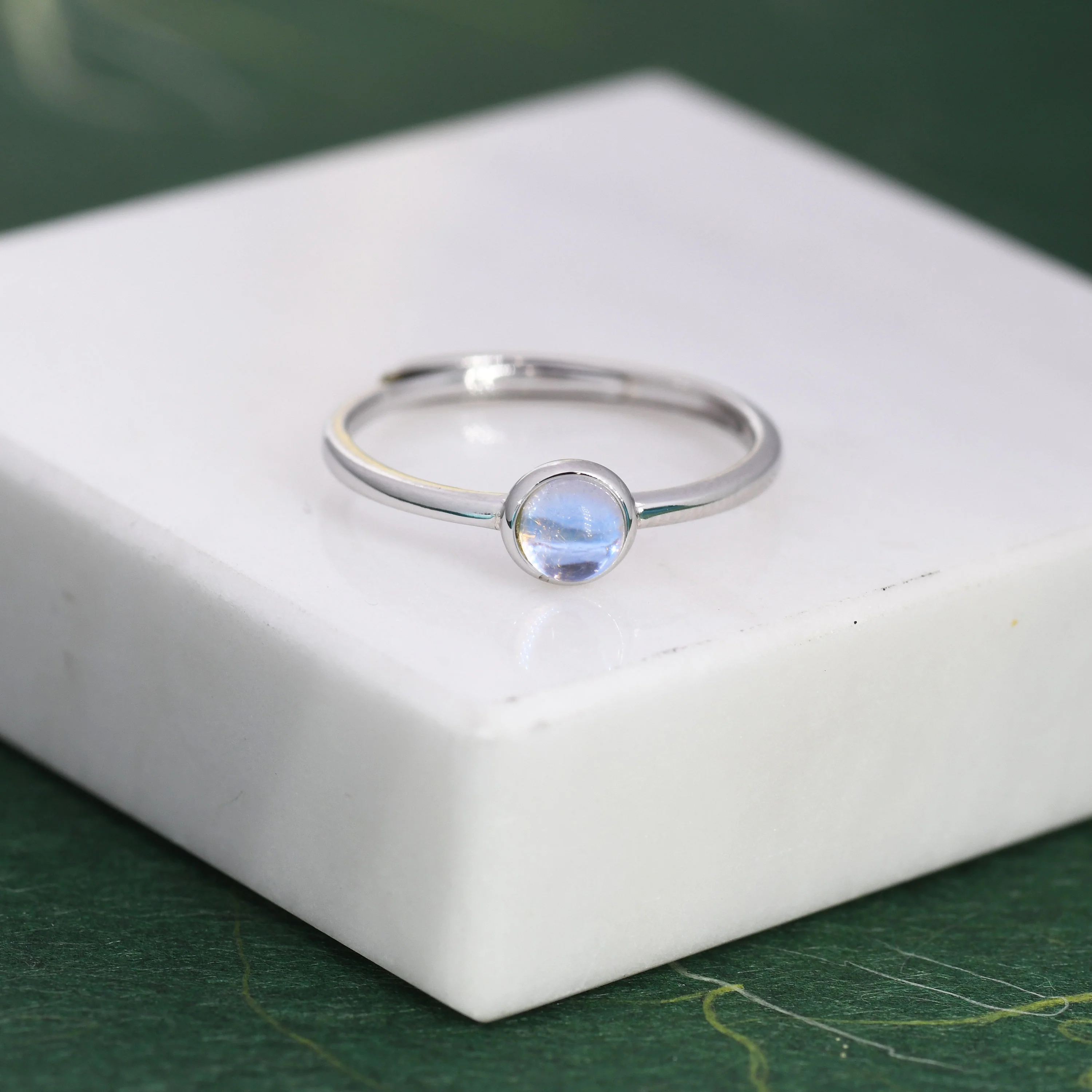 Minimalist Moonstone Ring in Sterling Silver, 4mm Bezel Set Lab Moonstone, Adjustable Size, Simulated Moonstone Ring - Image 4