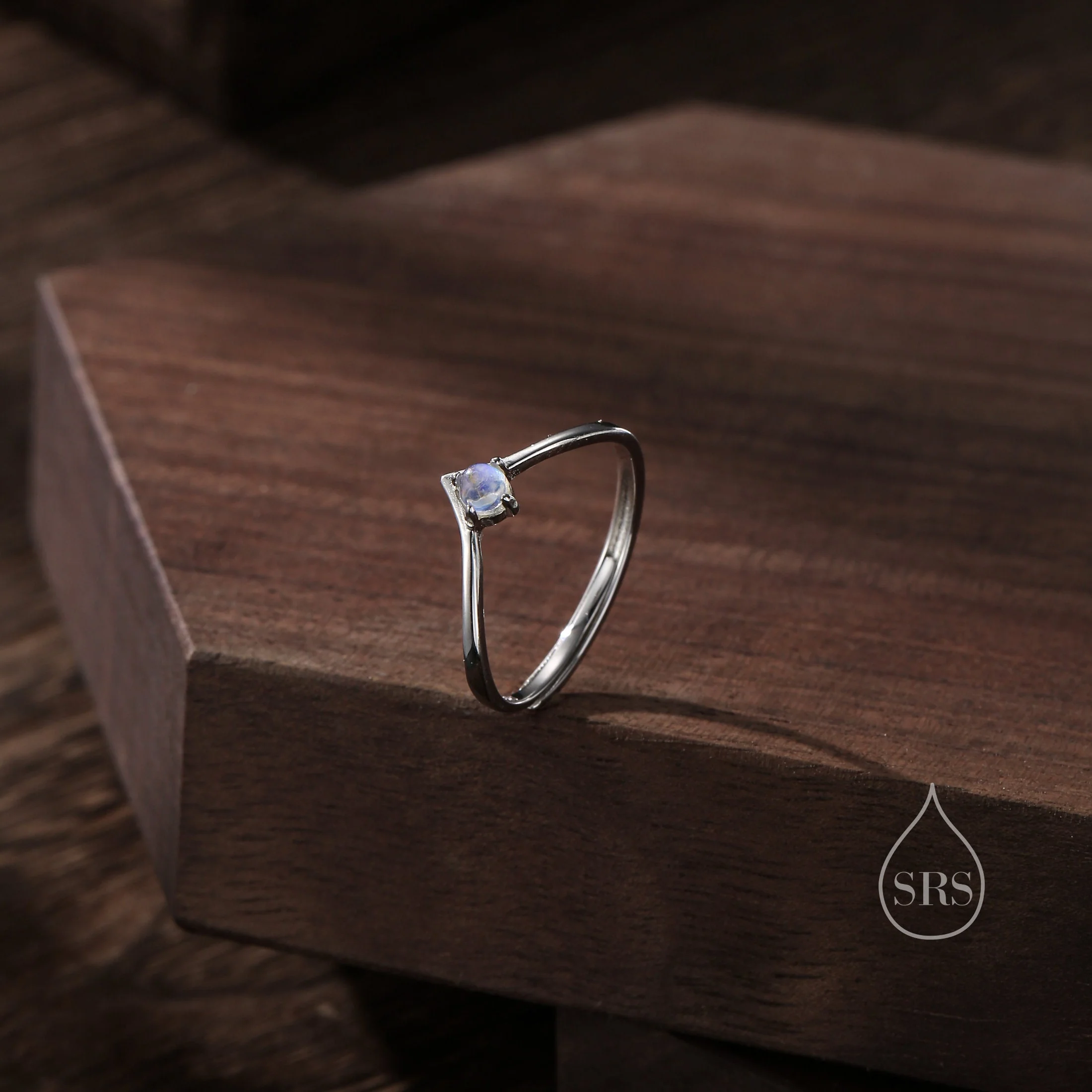 Minimalist Moonstone V Ring in Sterling Silver, 3mm Prong Set Lab Moonstone Ring, Adjustable Size Chevron Ring, Simulated Moonstone Ring - Image 3