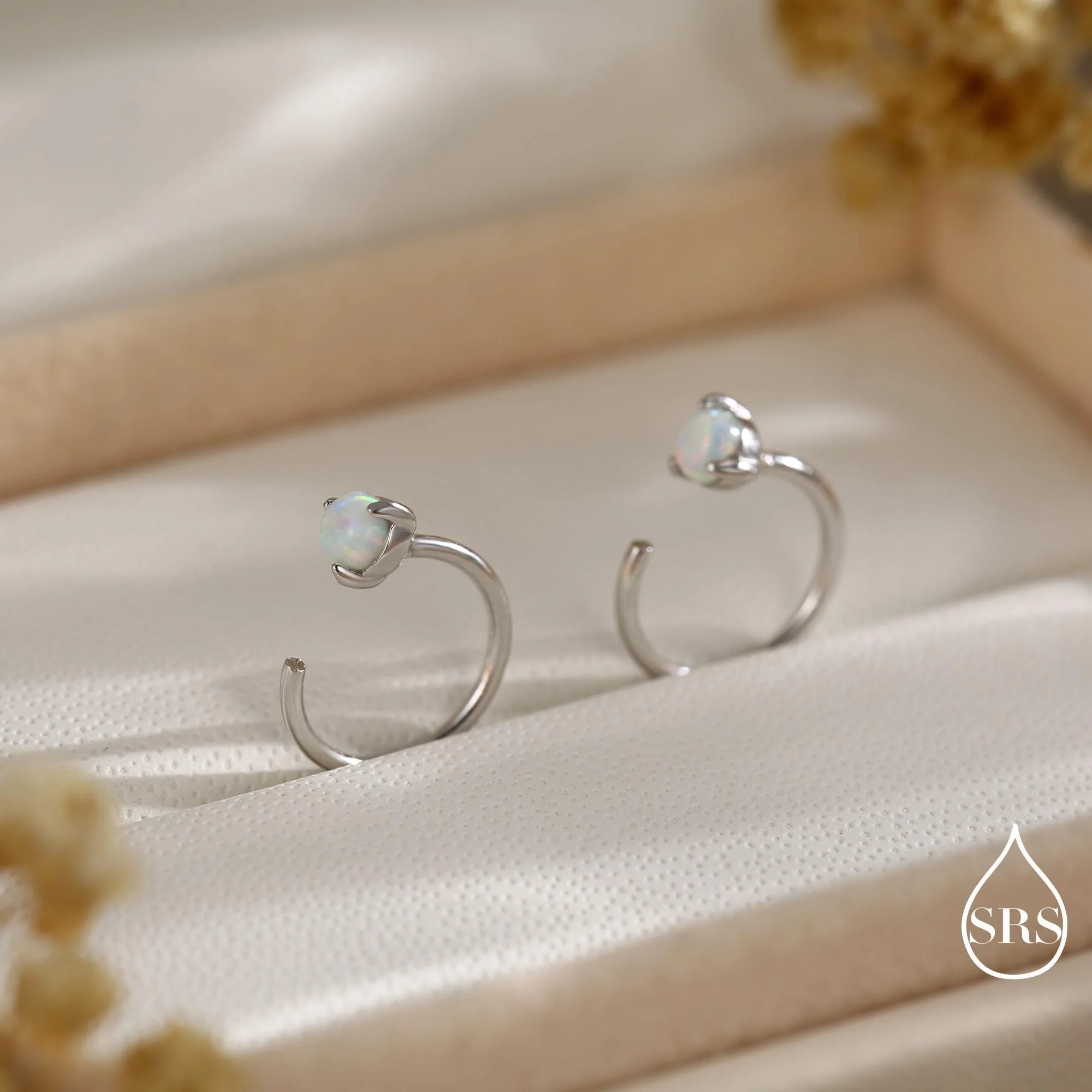 Minimalist Opal Huggie Hoop Threader Earrings in Sterling Silver, 3mm Three Prong, Gold or Silver, Pull Through Open Hoops, Fire Opal - Image 3