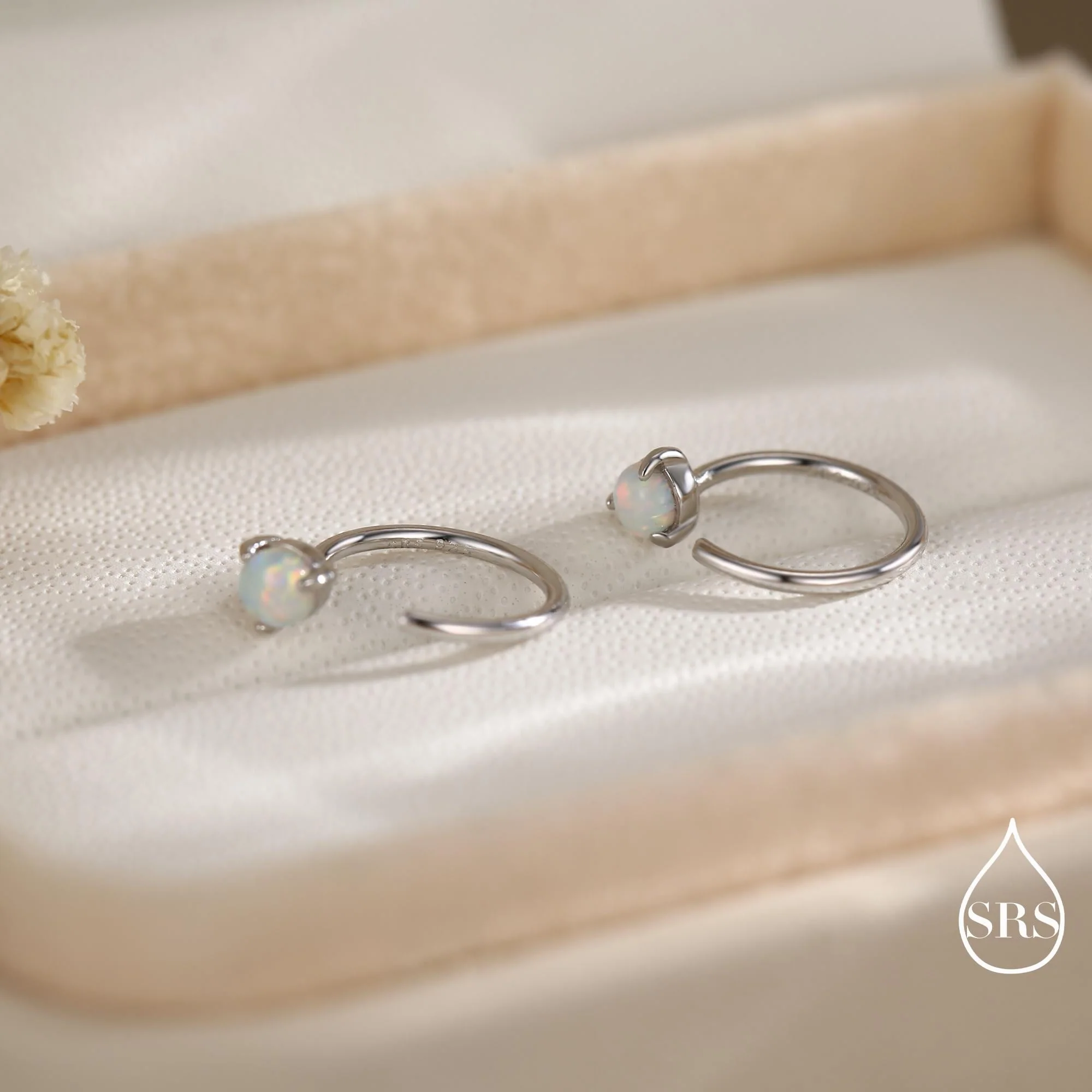 Minimalist Opal Huggie Hoop Threader Earrings in Sterling Silver, 3mm Three Prong, Gold or Silver, Pull Through Open Hoops, Fire Opal - Image 4