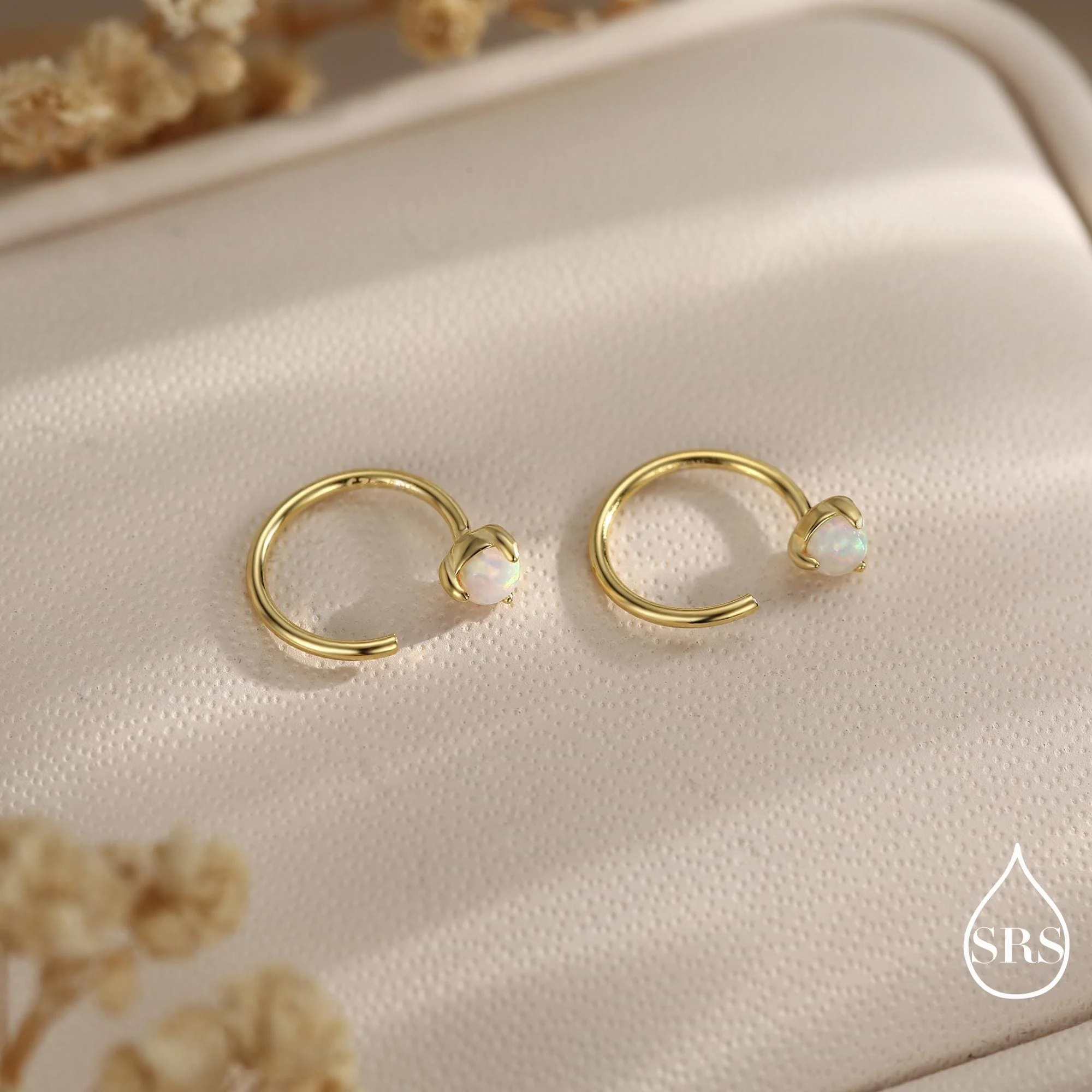 Minimalist Opal Huggie Hoop Threader Earrings in Sterling Silver, 3mm Three Prong, Gold or Silver, Pull Through Open Hoops, Fire Opal - Image 5