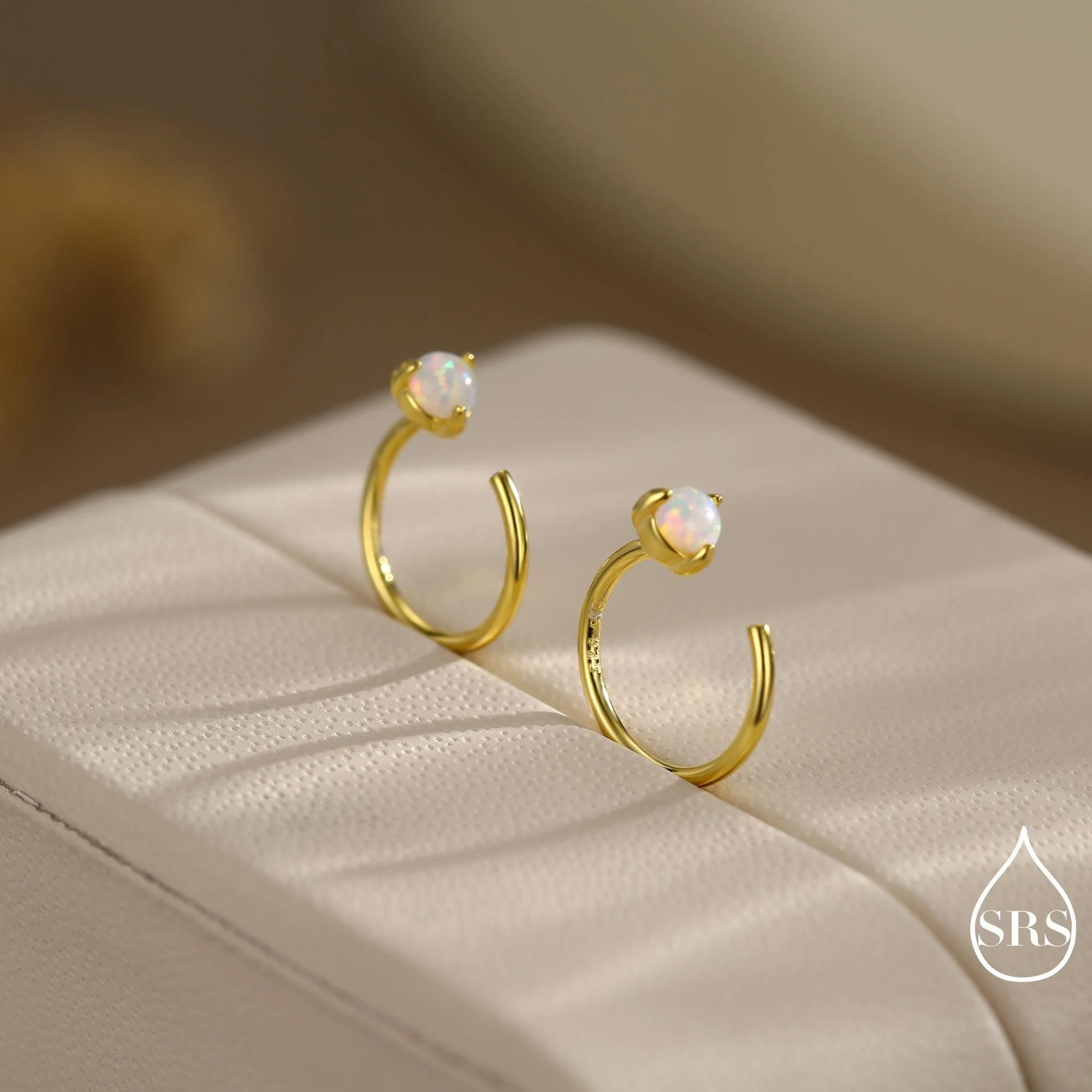 Minimalist Opal Huggie Hoop Threader Earrings in Sterling Silver, 3mm Three Prong, Gold or Silver, Pull Through Open Hoops, Fire Opal - Image 6