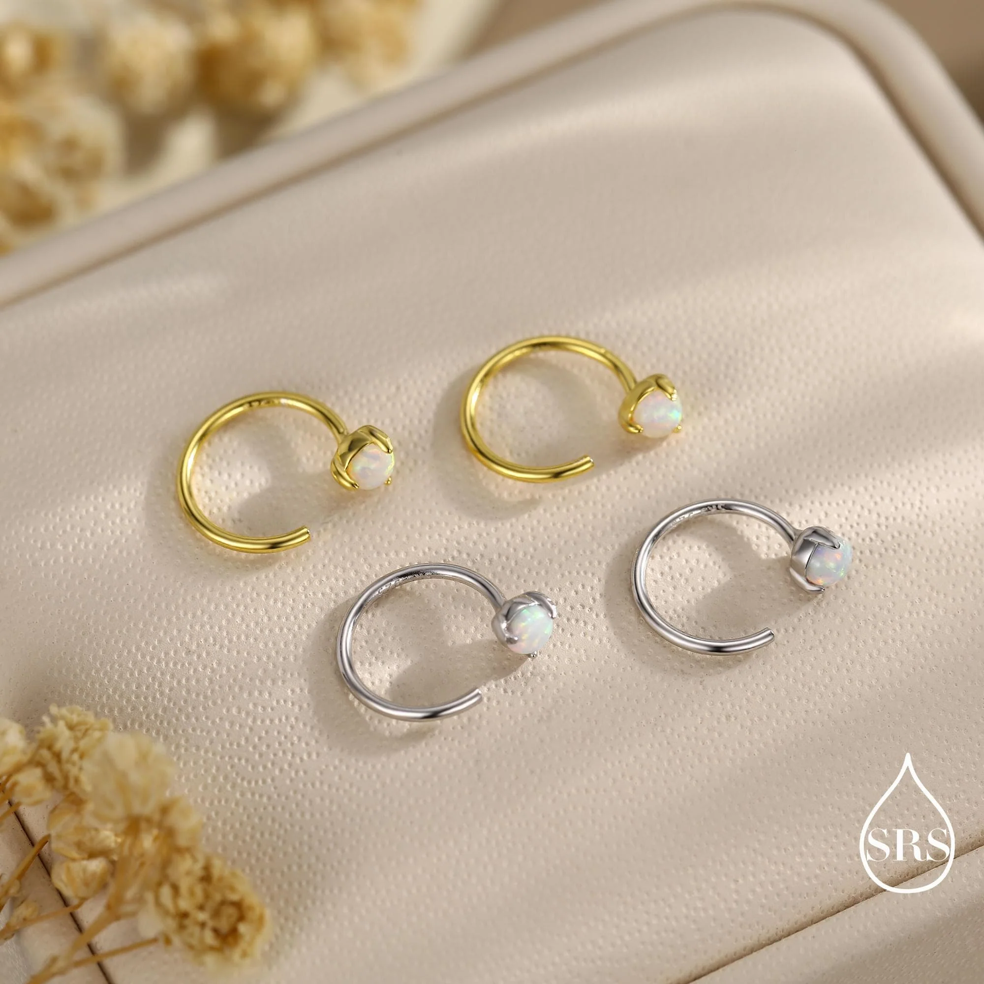 Minimalist Opal Huggie Hoop Threader Earrings in Sterling Silver, 3mm Three Prong, Gold or Silver, Pull Through Open Hoops, Fire Opal - Image 7