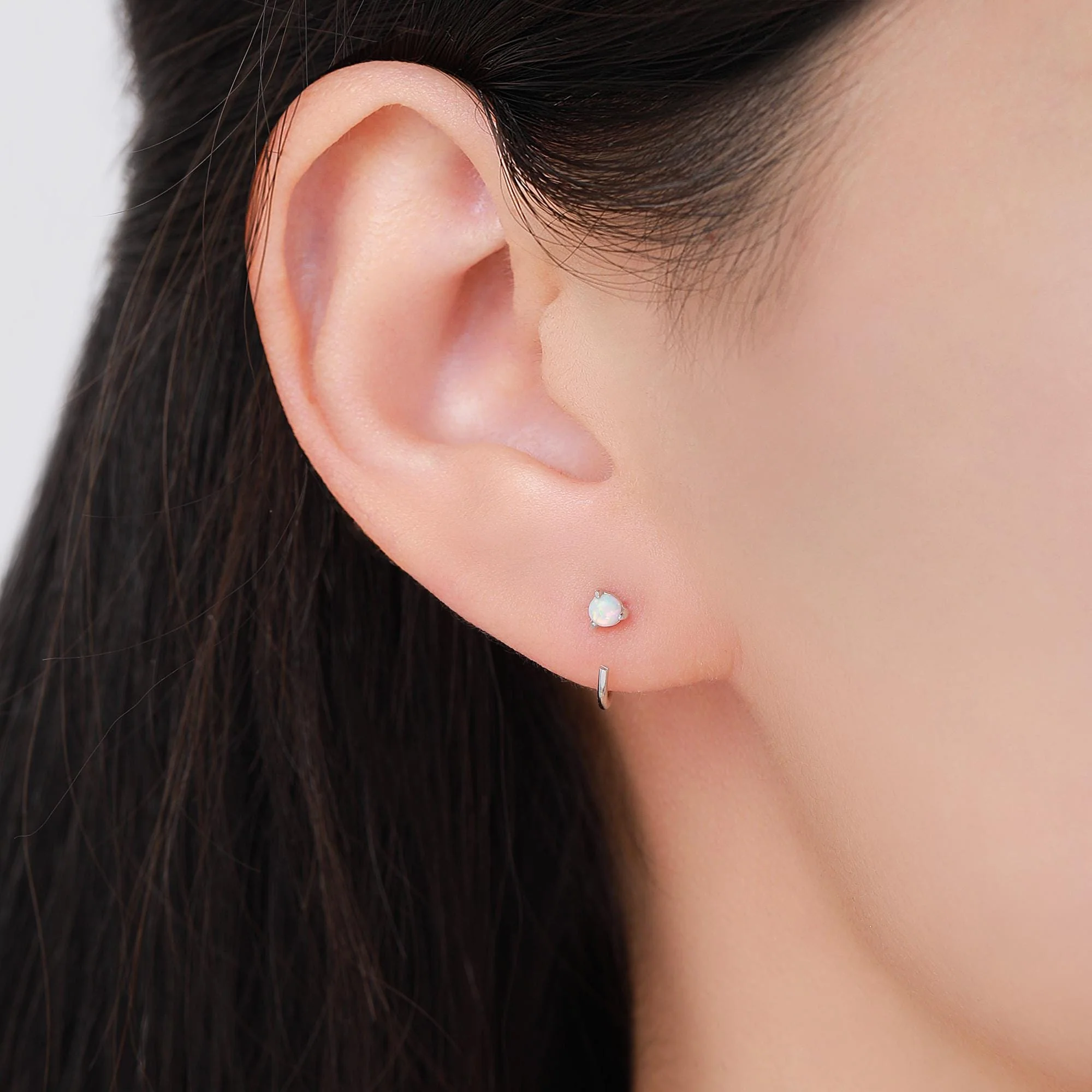 Minimalist Opal Huggie Hoop Threader Earrings in Sterling Silver, 3mm Three Prong, Gold or Silver, Pull Through Open Hoops, Fire Opal - Image 8