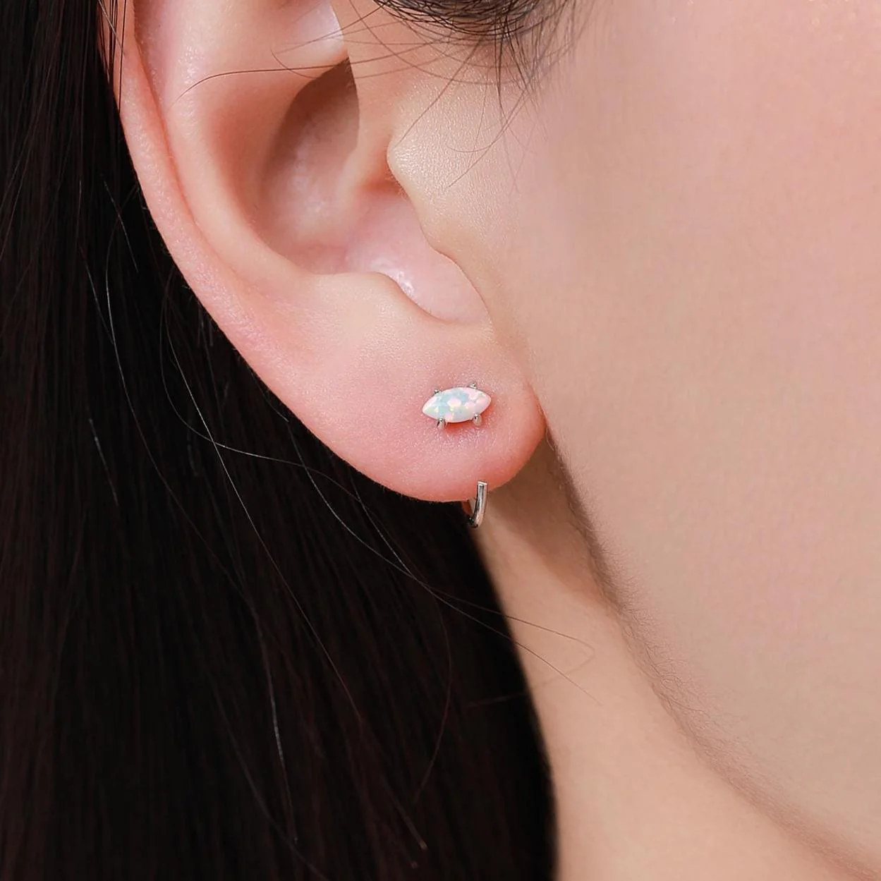 Minimalist Opal Marquise Huggie Hoop Threader Earrings in Sterling Silver, Gold or Silver, Pull Through Open Hoop Earrings,