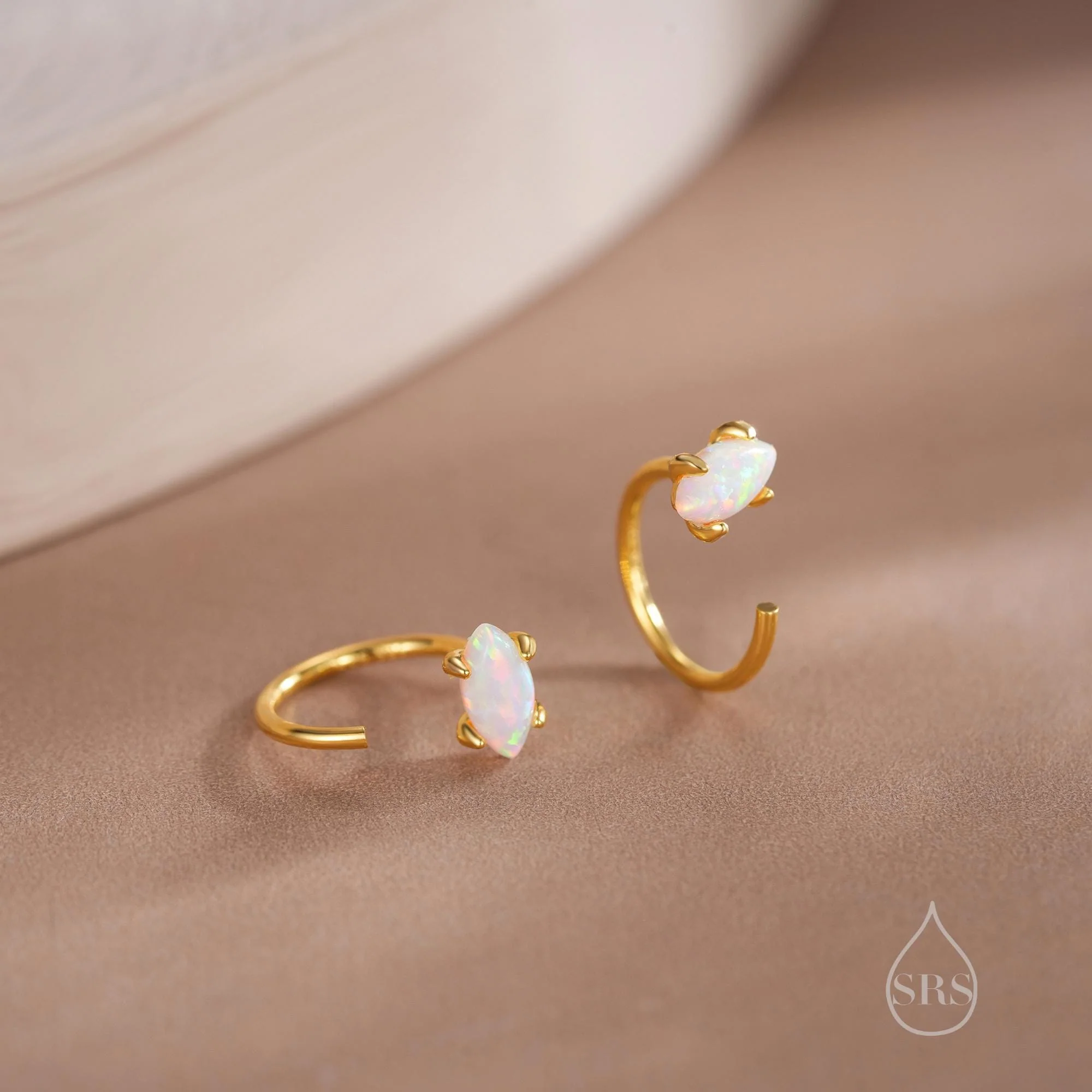 Minimalist Opal Marquise Huggie Hoop Threader Earrings in Sterling Silver, Gold or Silver, Pull Through Open Hoop Earrings, - Image 6