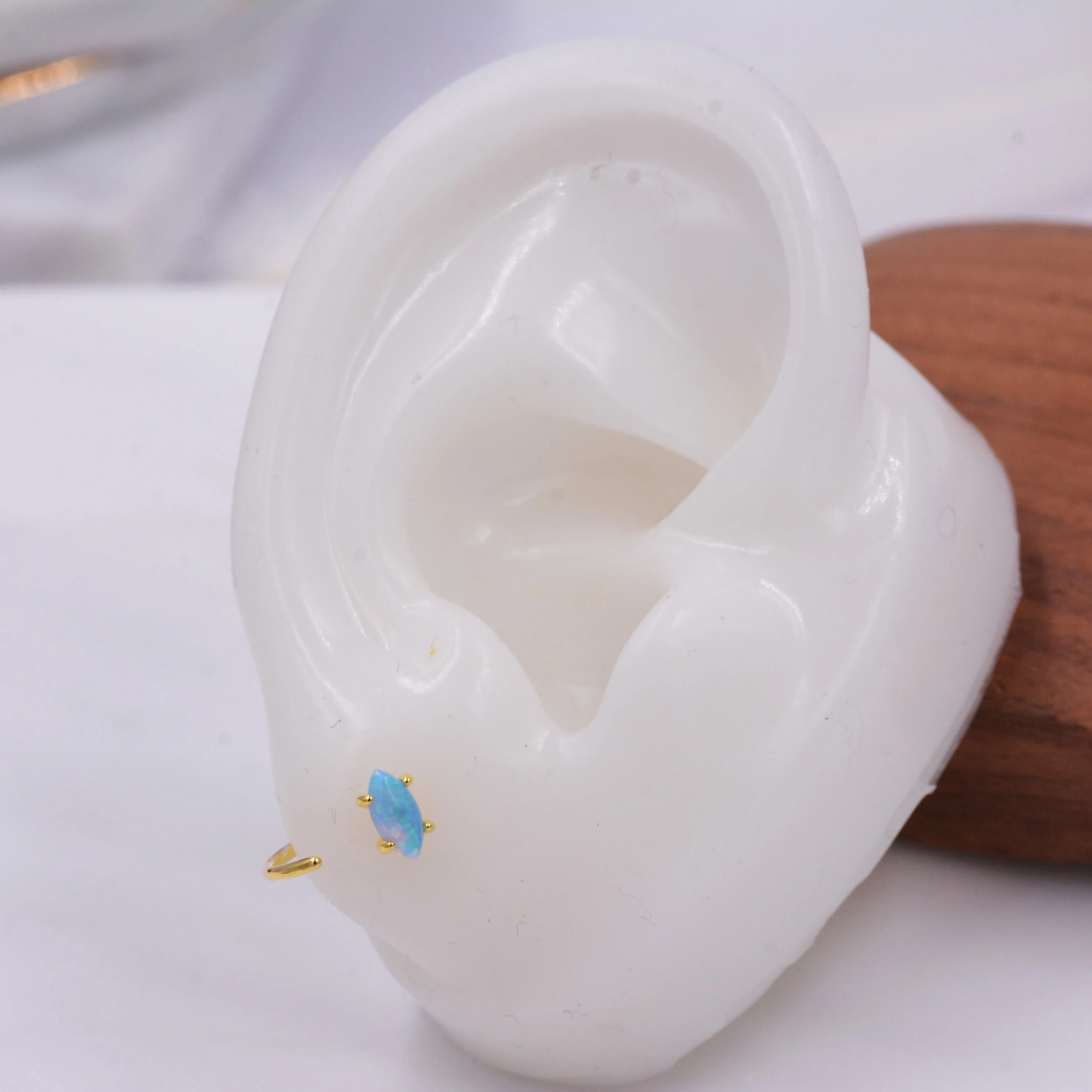 Minimalist Opal Marquise Huggie Hoop Threader Earrings in Sterling Silver, Gold or Silver, Pull Through Open Hoop Earrings, Blue Opal - Image 8
