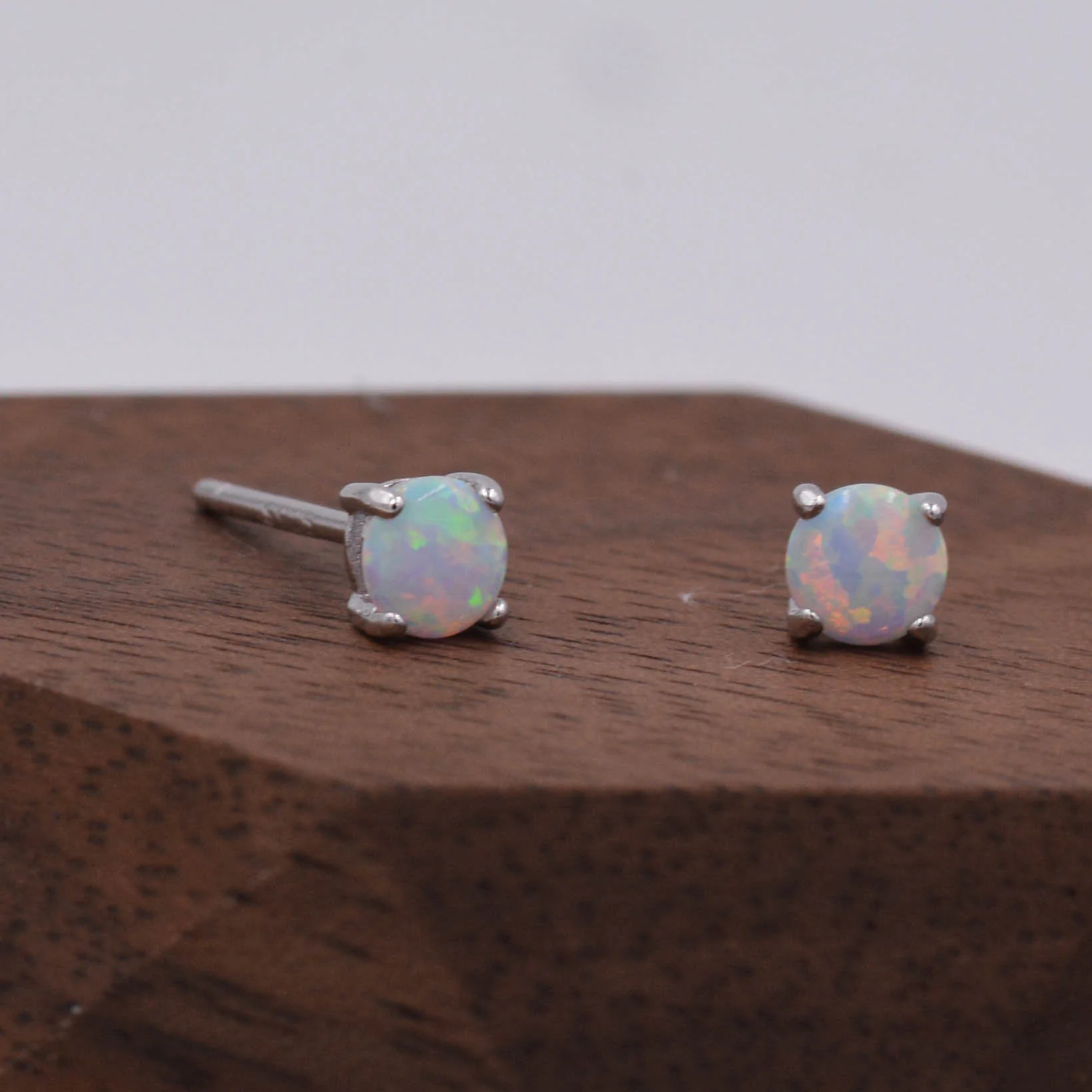 Minimalist Opal Stud Earrings in Sterling Silver, Simulated White Opal, Tiny Circle Dot Jewellery - Image 4