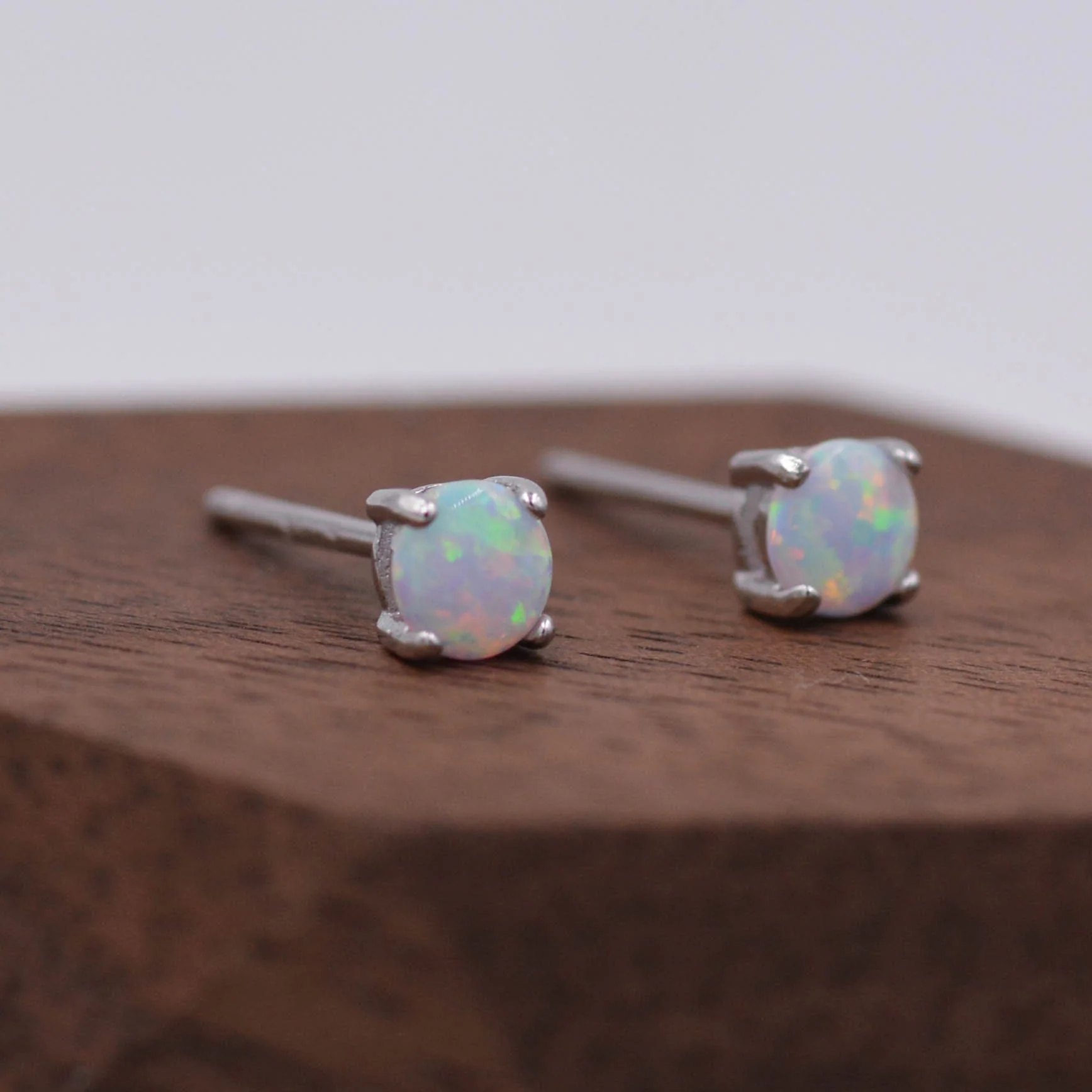 Minimalist Opal Stud Earrings in Sterling Silver, Simulated White Opal, Tiny Circle Dot Jewellery - Image 5