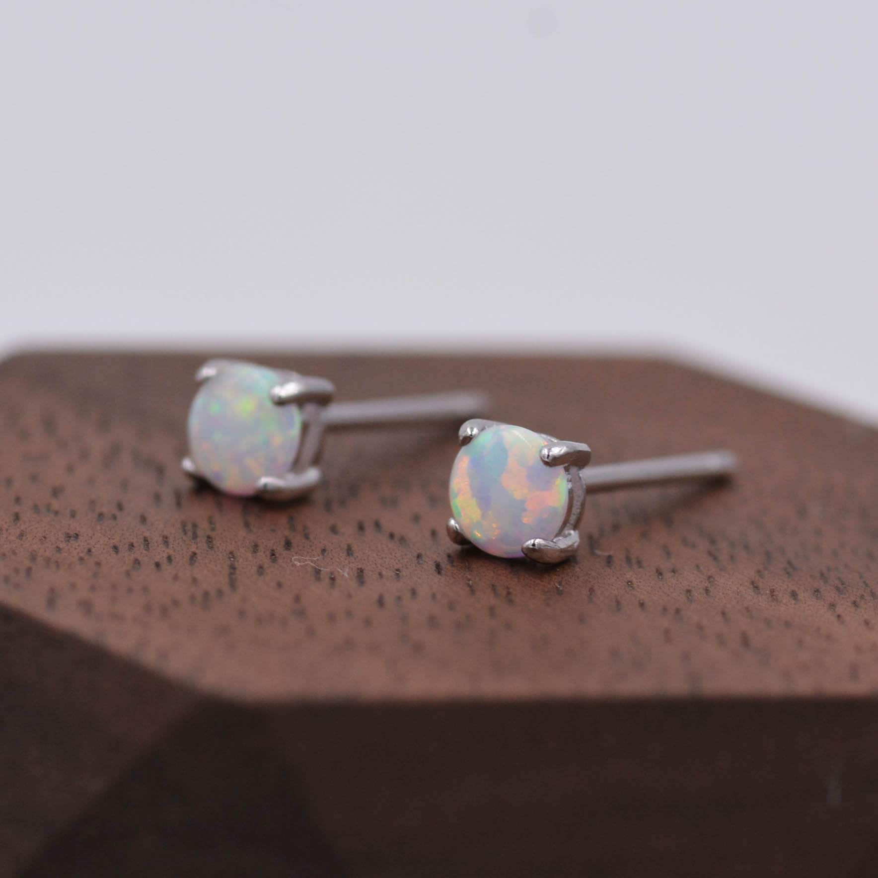 Minimalist Opal Stud Earrings in Sterling Silver, Simulated White Opal, Tiny Circle Dot Jewellery - Image 6
