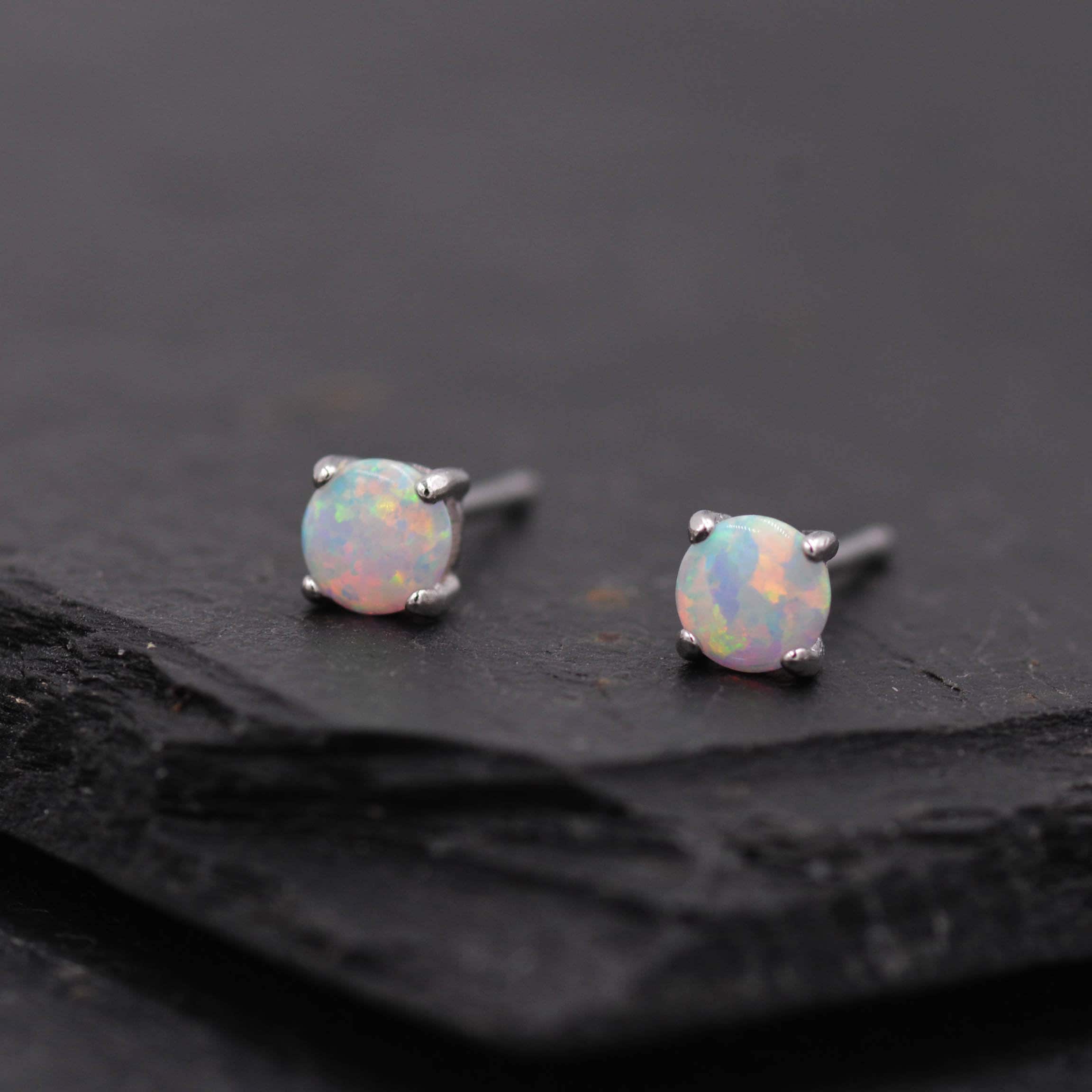 Minimalist Opal Stud Earrings in Sterling Silver, Simulated White Opal, Tiny Circle Dot Jewellery - Image 7