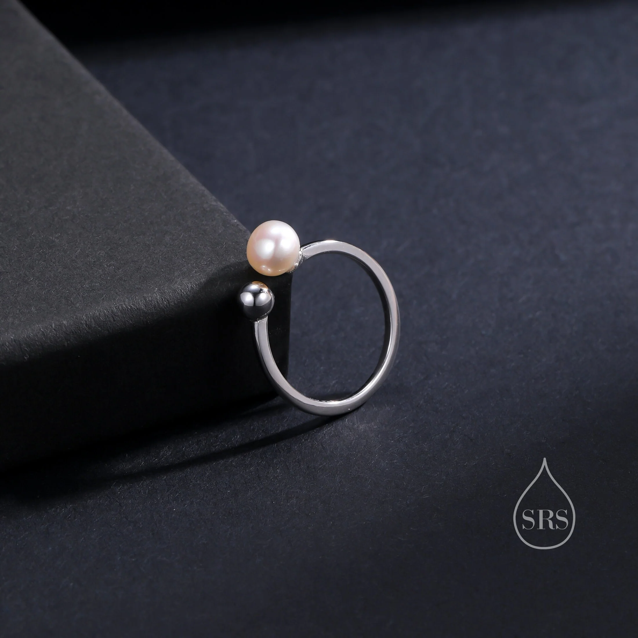 Minimalist Pearl and Ball Open Ring in Sterling Silver, Genuine Freshwater Adjustable Ring, Adjustable Size Pearl Ring, Real Pearl Ring - Image 5