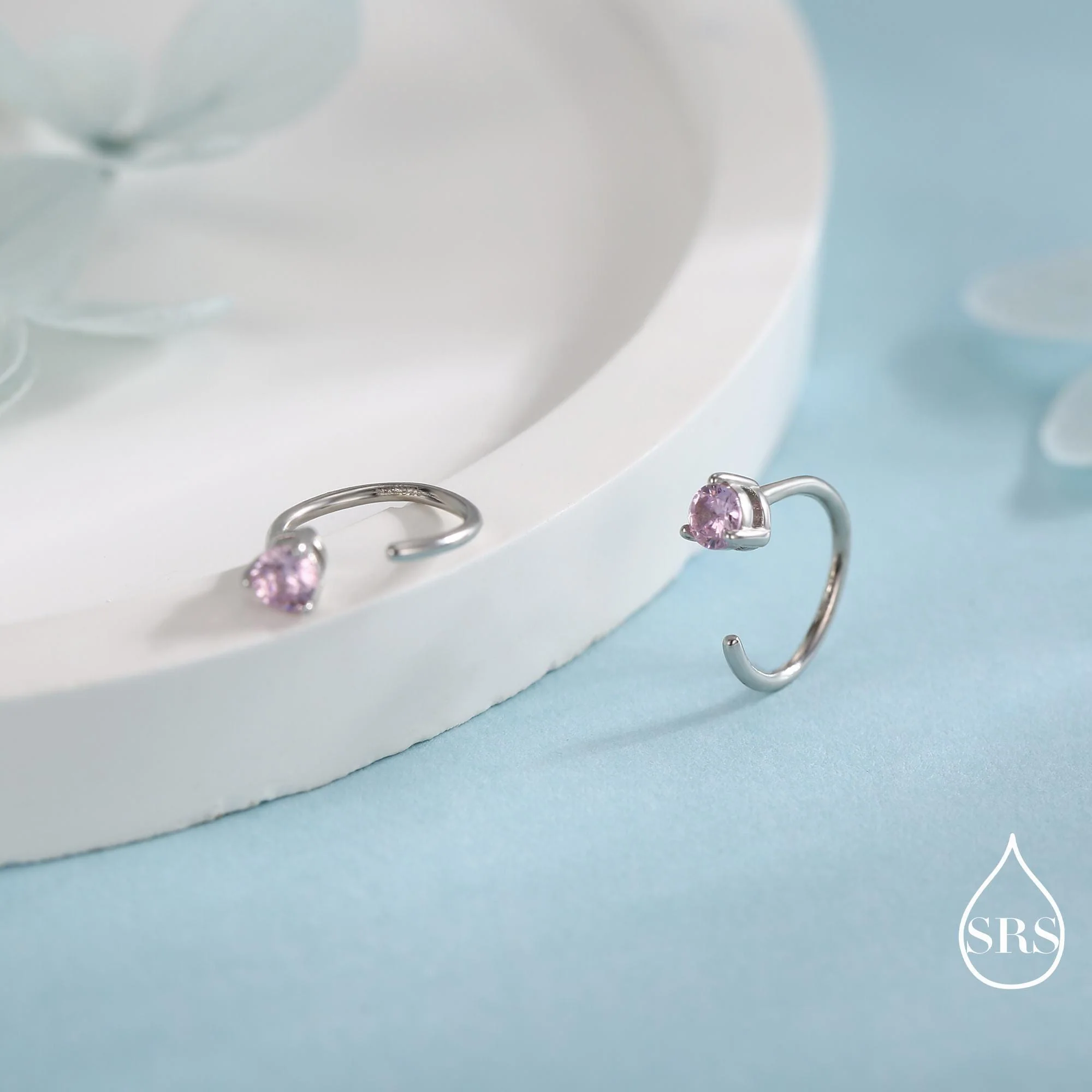 Minimalist Pink CZ Crystal Huggie Hoop Threader Earrings in Sterling Silver, 3mm Three Prong, Gold or Silver, Pull Through Open Hoops - Image 3