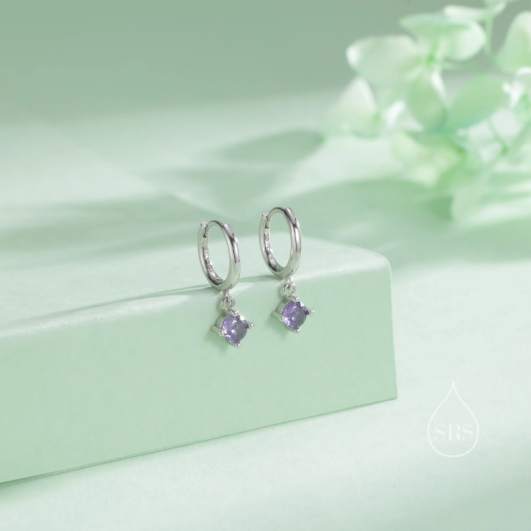 Minimalist Tiny Purple CZ Dangle Huggie Hoop Earrings in Sterling Silver, Silver or Gold or Rose Gold, Tiny CZ Skinny Hoops, Amethyst Purple - Image 3