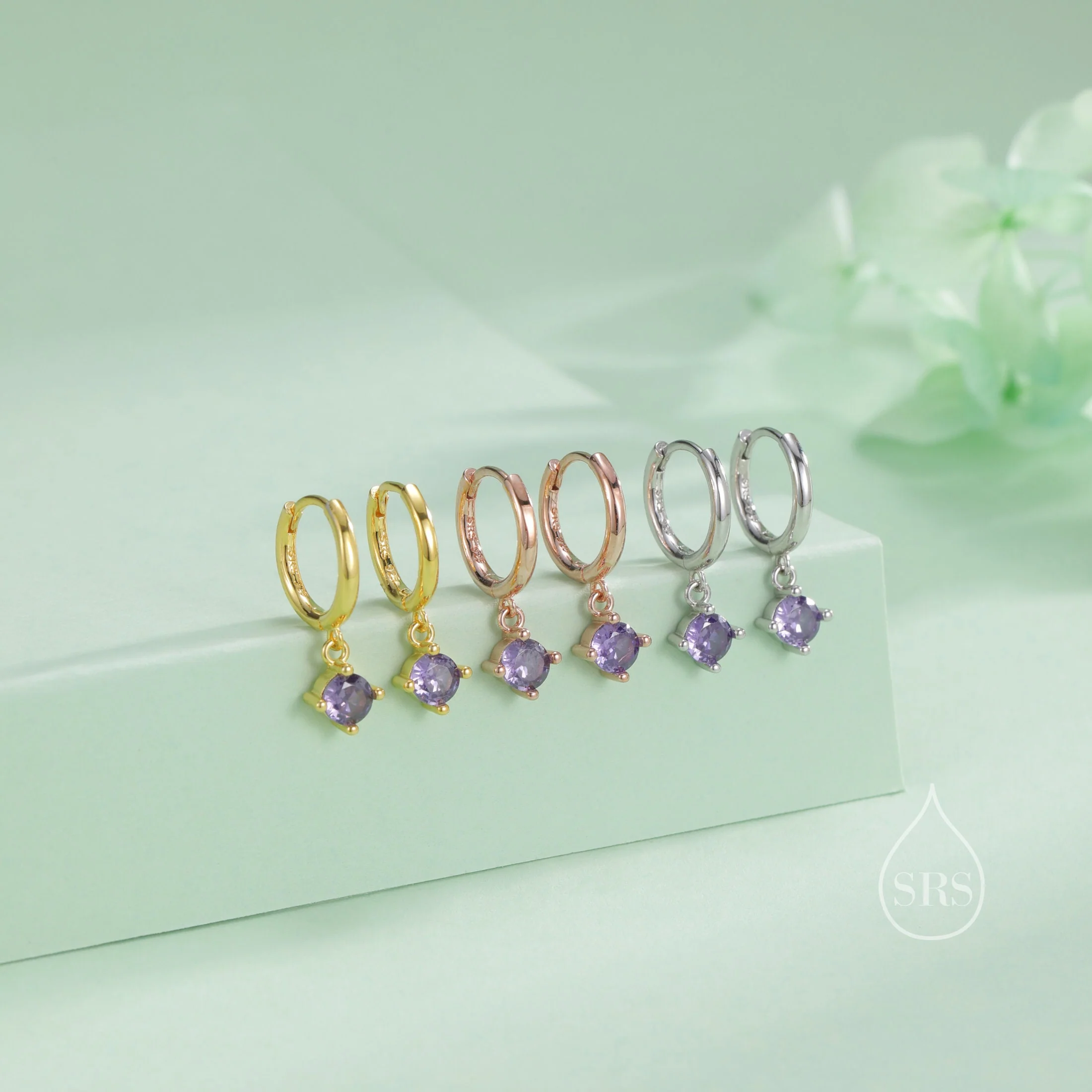 Minimalist Tiny Purple CZ Dangle Huggie Hoop Earrings in Sterling Silver, Silver or Gold or Rose Gold, Tiny CZ Skinny Hoops, Amethyst Purple - Image 4