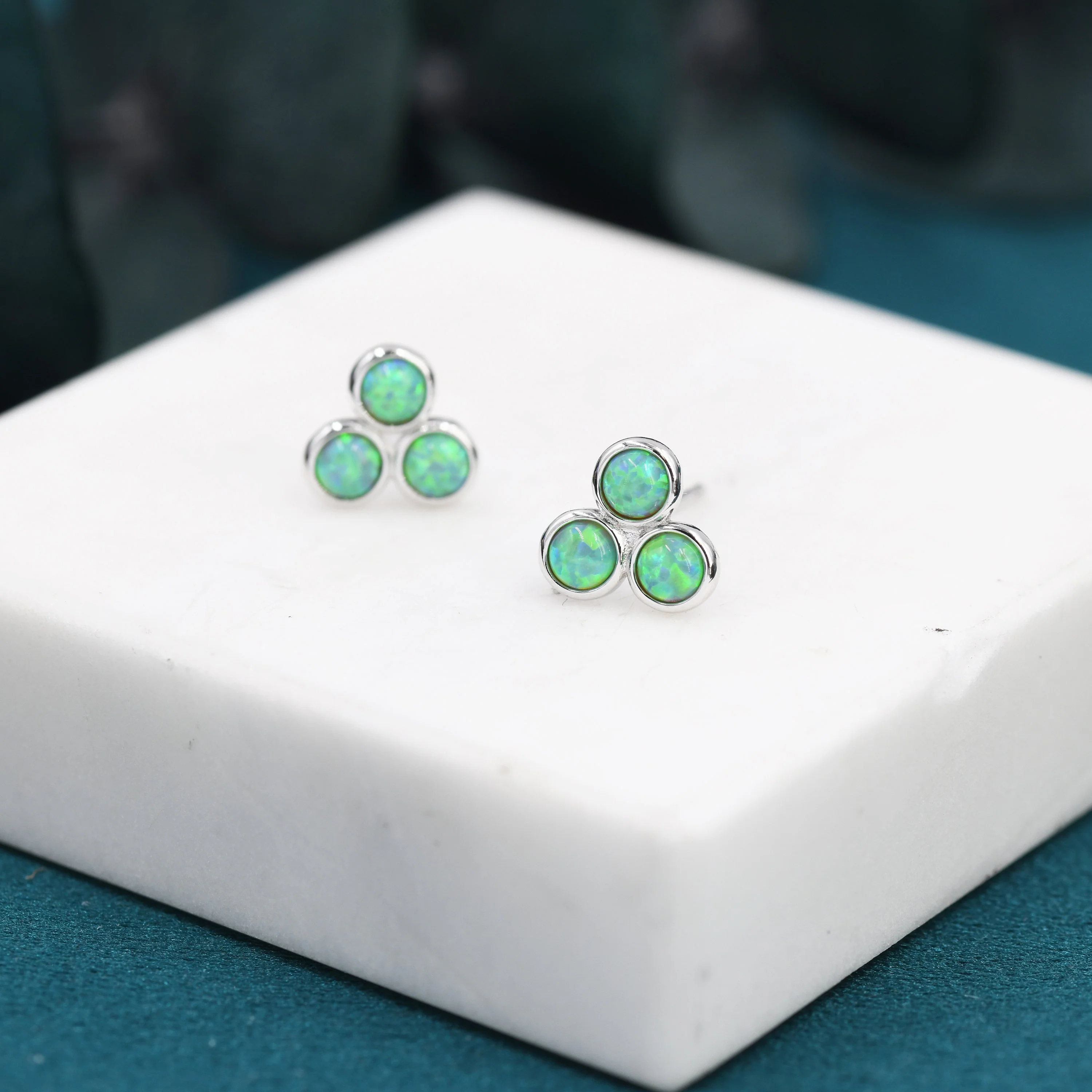 Mint Green Opal Dot Circle Stud Earrings in Sterling Silver - Silver or Gold -  Fire Opal Trio Earrings, Three Opals - Image 2