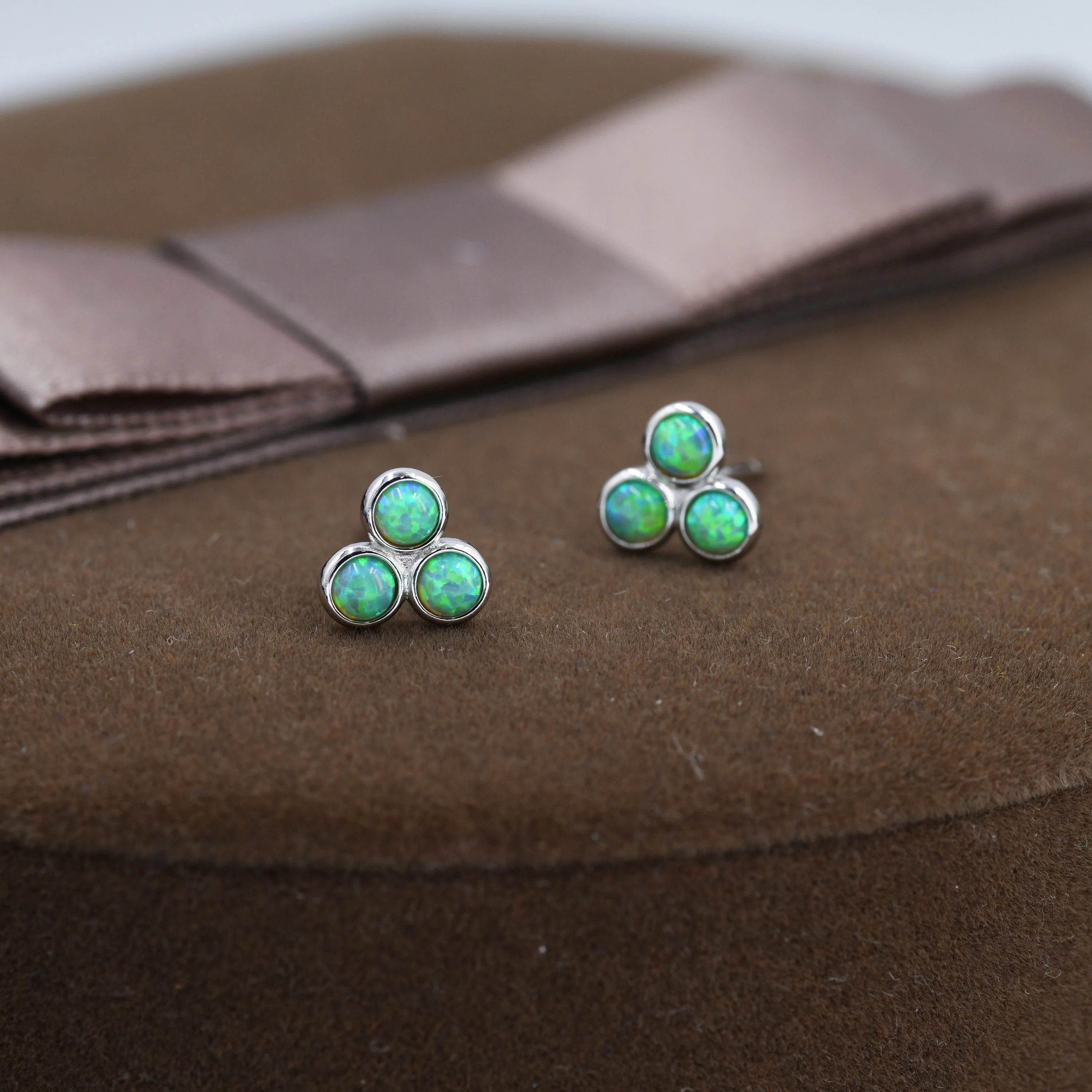 Mint Green Opal Dot Circle Stud Earrings in Sterling Silver - Silver or Gold -  Fire Opal Trio Earrings, Three Opals - Image 5