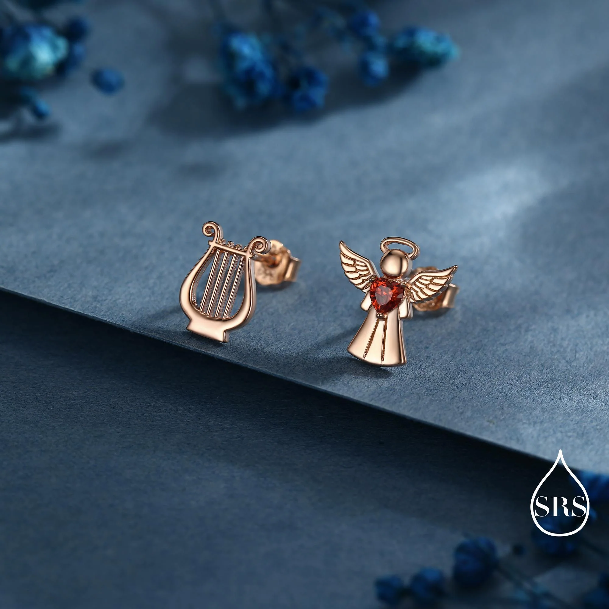 Mismatched Angel and Lyre Stud Earrings in Sterling Silver, Available in 3 Finishes - Silver, Gold and Rose Gold, Silver Angel Earrings - Image 5