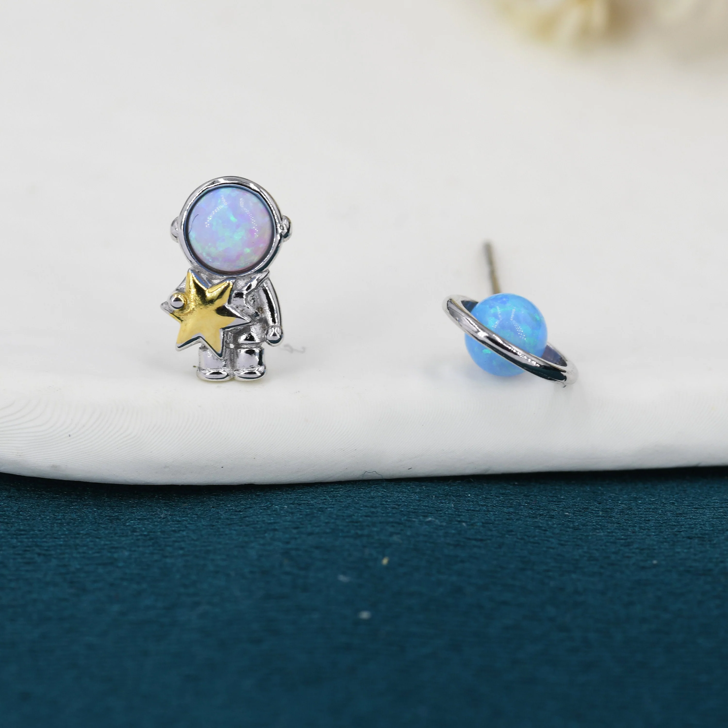Mismatched Astronaut and Planet Stud Earrings in Sterling Silver, Asymmetric Planet and Spaceman Earrings with Blue Opal, Cute and Fun - Image 3