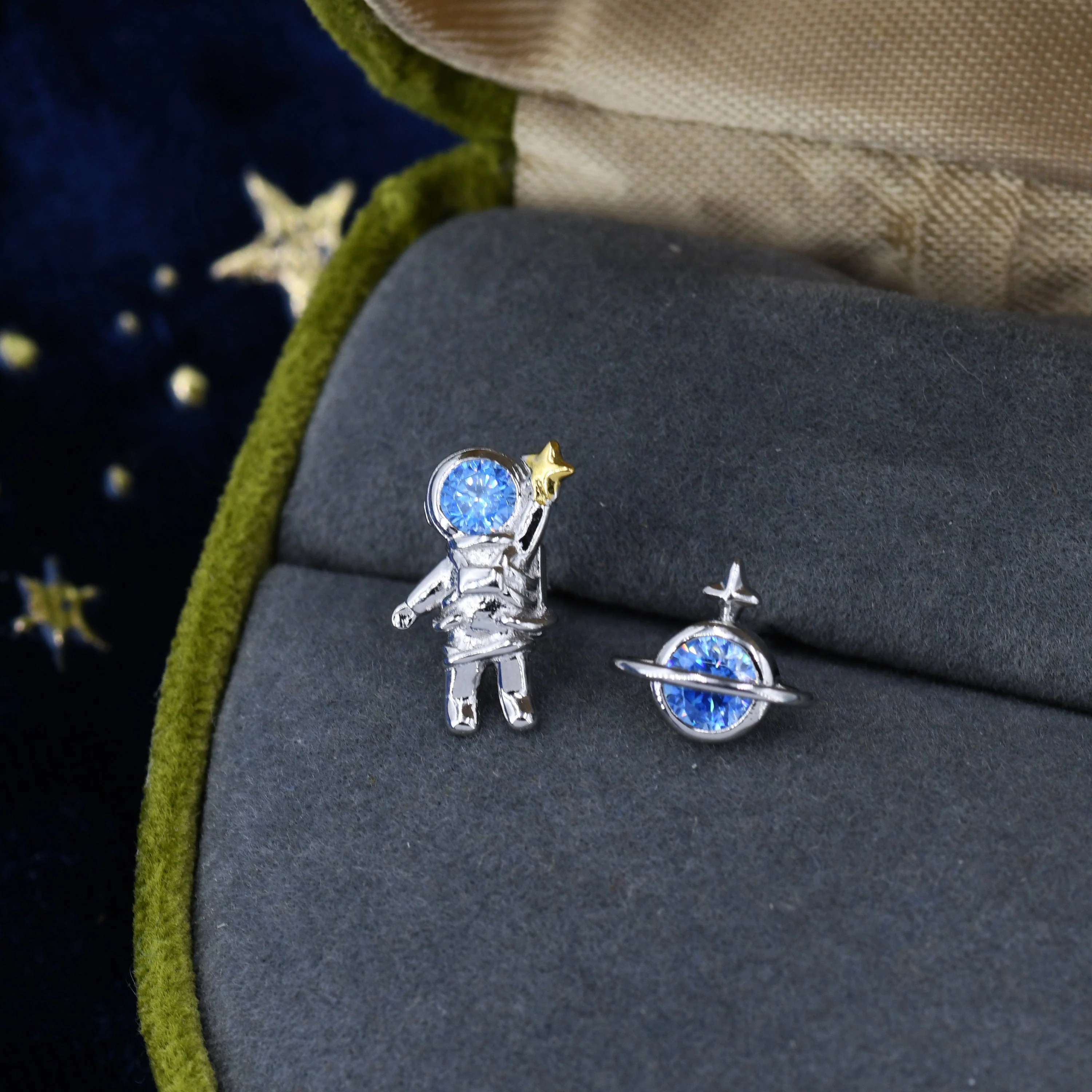 Mismatched Astronaut and Planet Stud Earrings in Sterling Silver, Asymmetric Spaceman and Planet Earrings with Blue CZ, Cute and Fun - Image 3