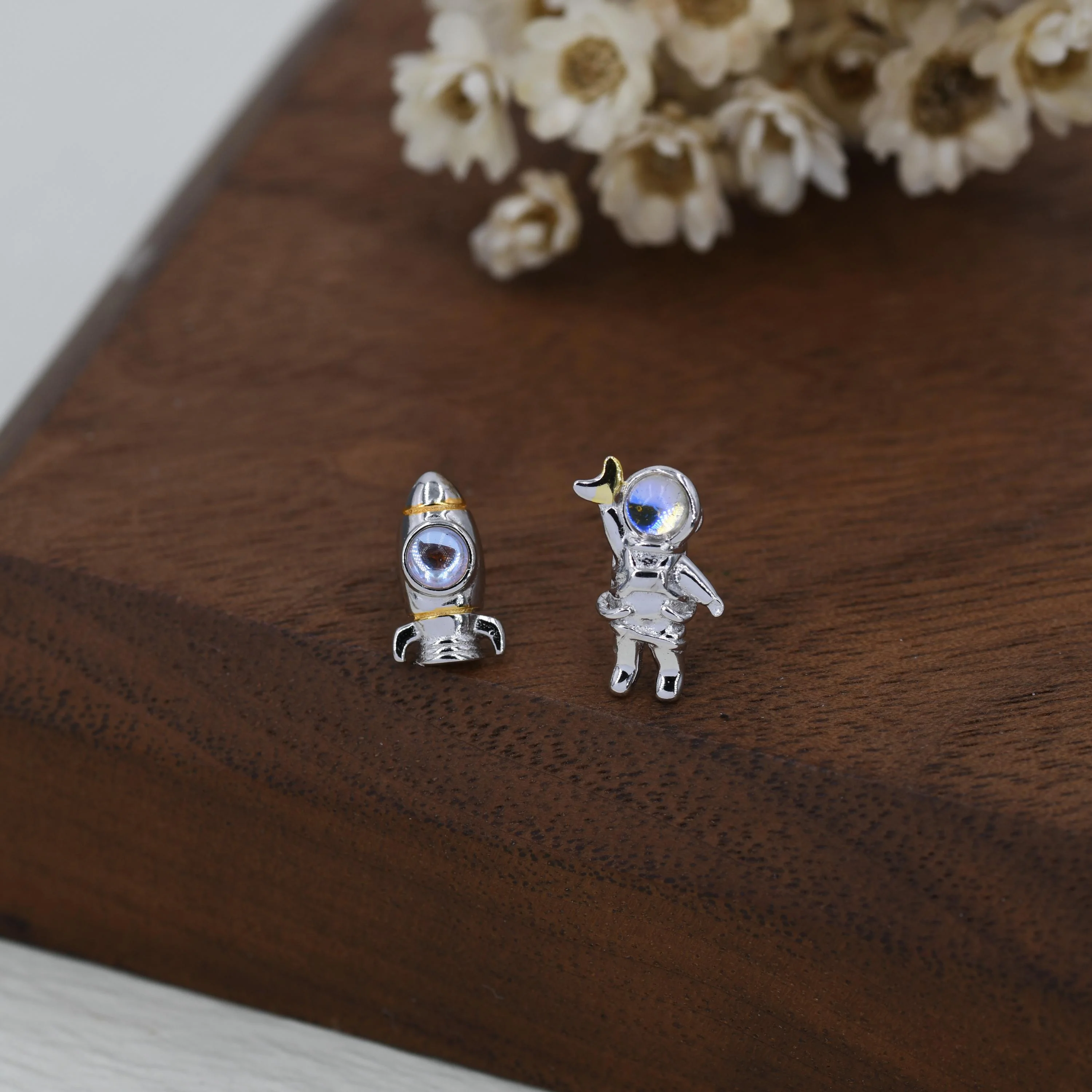 Mismatched Astronaut and Rocket Stud Earrings in Sterling Silver with Lab Moonstone, Asymmetric Rocket and Astronaut Spaceman Earrings - Image 4