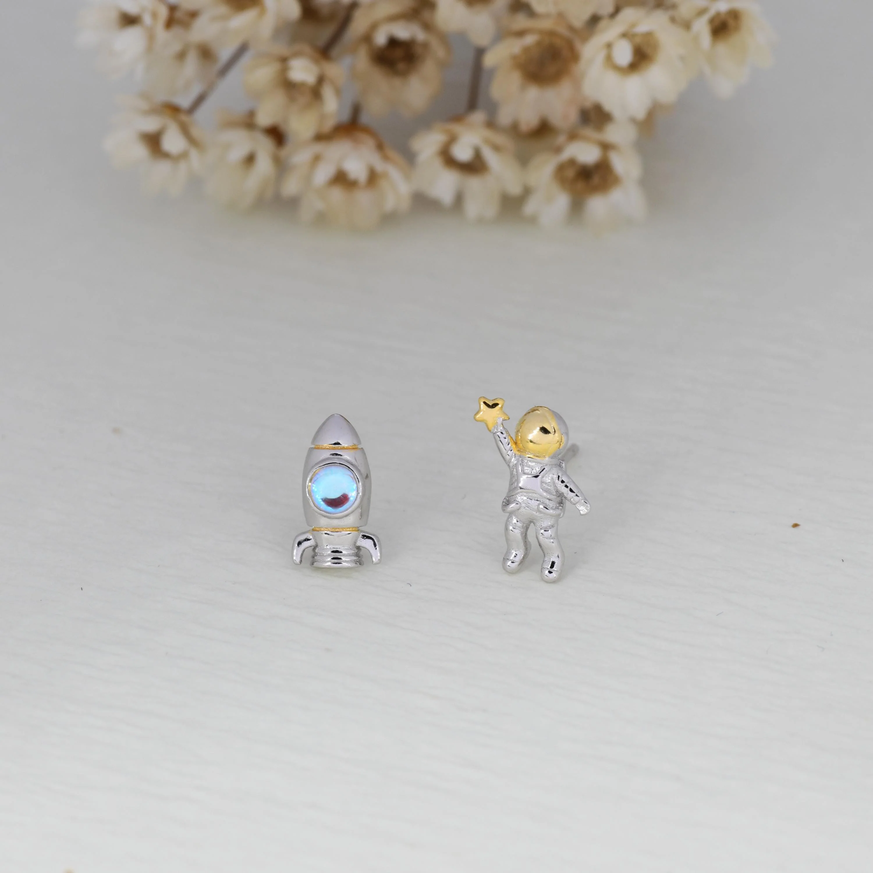 Mismatched Astronaut and Rocket Stud Earrings in Sterling Silver with Simulated Moonstone, Asymmetric Rocket and Astronaut Spaceman Earrings - Image 5