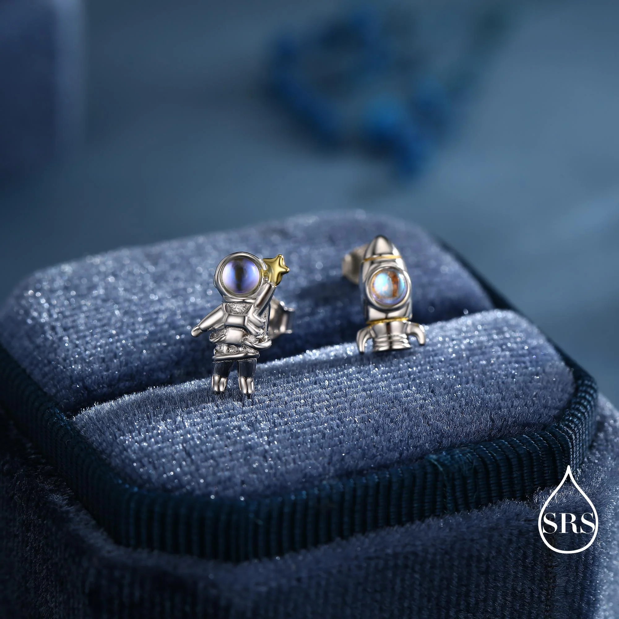 Mismatched Astronaut and Rocket Stud Earrings in Sterling Silver with Simulated Moonstone, Asymmetric Rocket and Astronaut Spaceman Earrings - Image 5