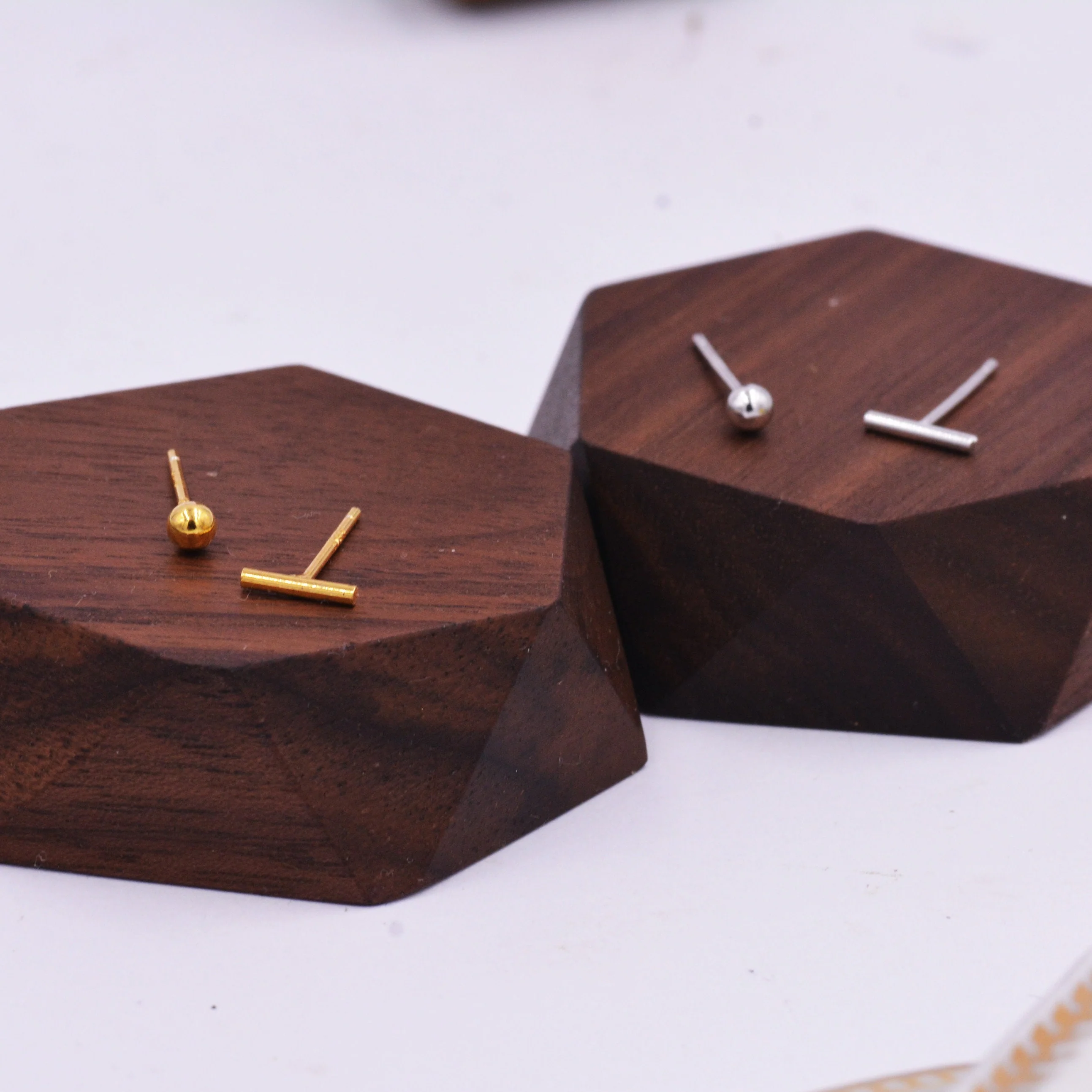 Mismatched Ball and Bar Dainty Stud Earrings in Sterling Silver, Gold or Silver Finish, Geometric Minimalist Design, Simple Studs, Tiny - Image 2