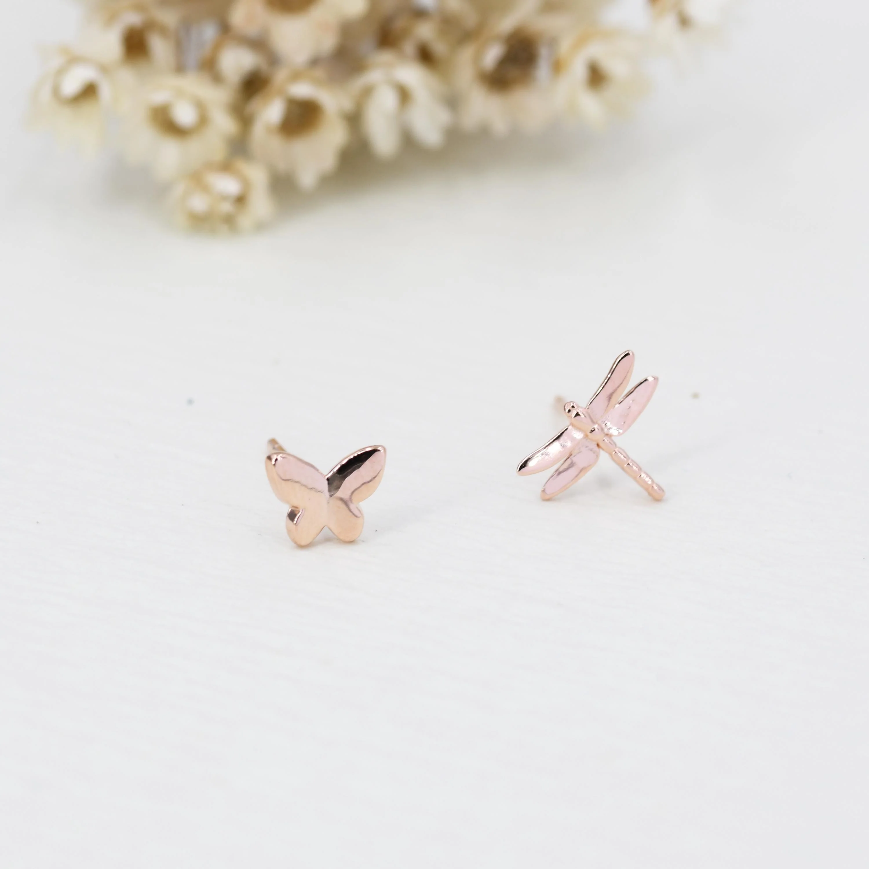 Mismatched Butterfly and Dragonfly Stud Earrings in Sterling Silver, Silver, Gold or Rose Gold, Asymmetric Dragonfly and Butterfly Earrings - Image 6