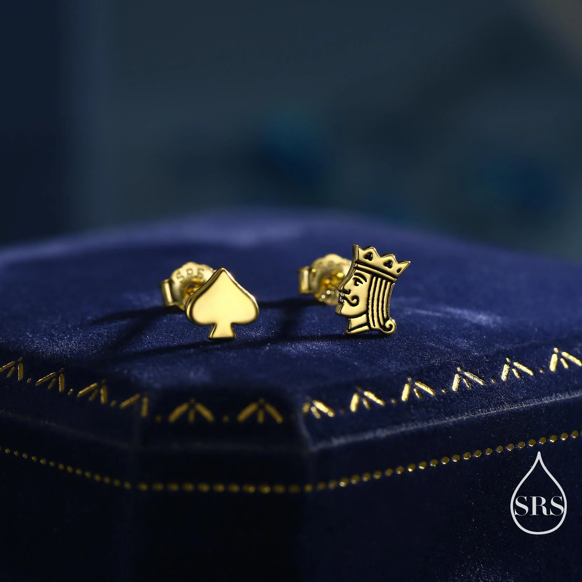 Mismatched Card Suit Spade with King Stud Earrings in Sterling Silver, Spade Earrings, Gold or Rose Gold, Asymmetric Earrings - Image 4